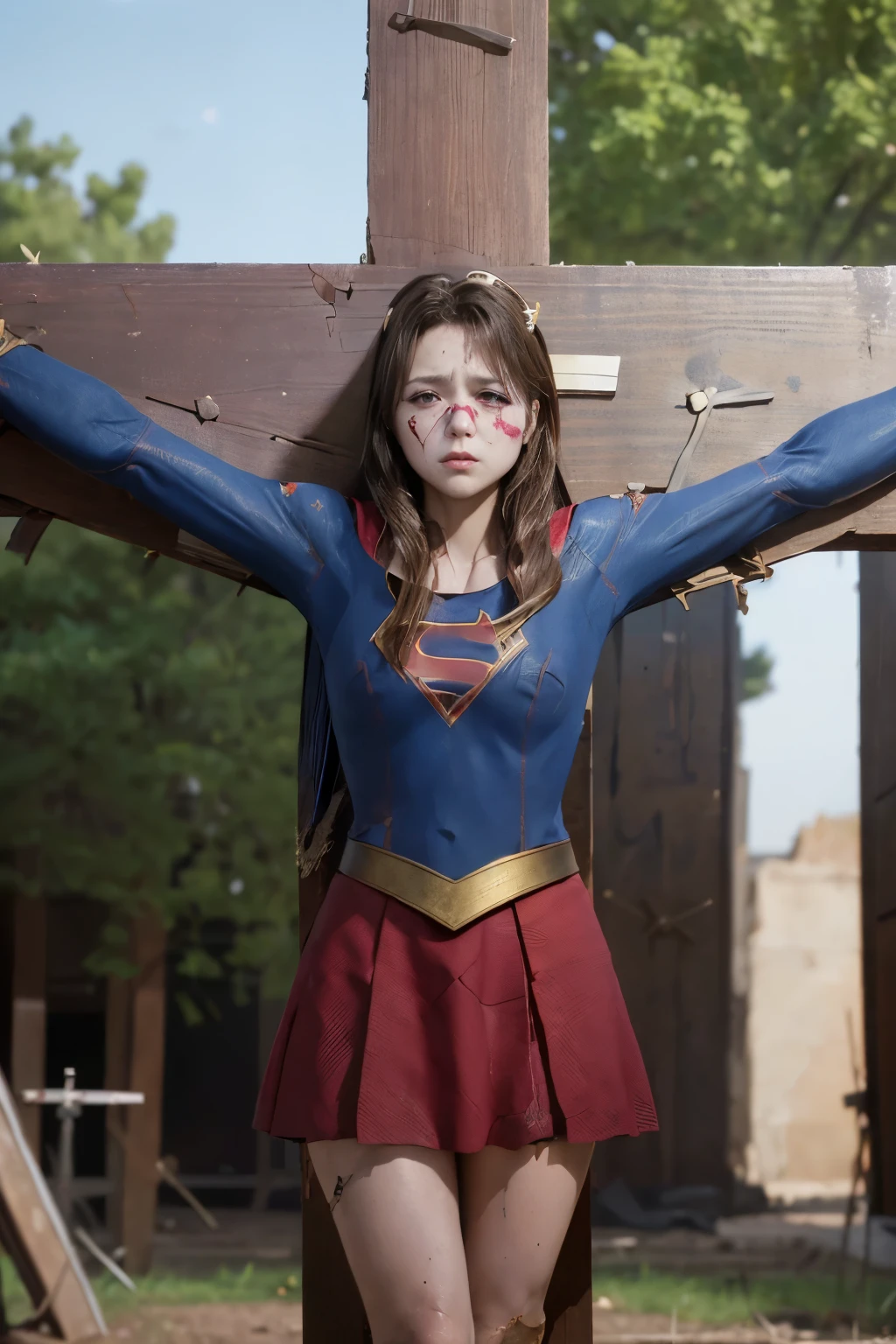 highest quality,masterpiece,UHD, Super detailed, 8K,(Beautiful woman),(一人のBeautiful woman),((crucifixion:1.5)),((cross)),(execution),((incontinence)),scared,torture,slave,((crossにcrucifixionにされた女性:1.5)),crucifixion刑,(supergirl),red skirt,((torn costume:1.4)),(tattered clothes),((Bruises on face and body:1.4)),Defeated heroine,a devastated world,ruins,abandoned building