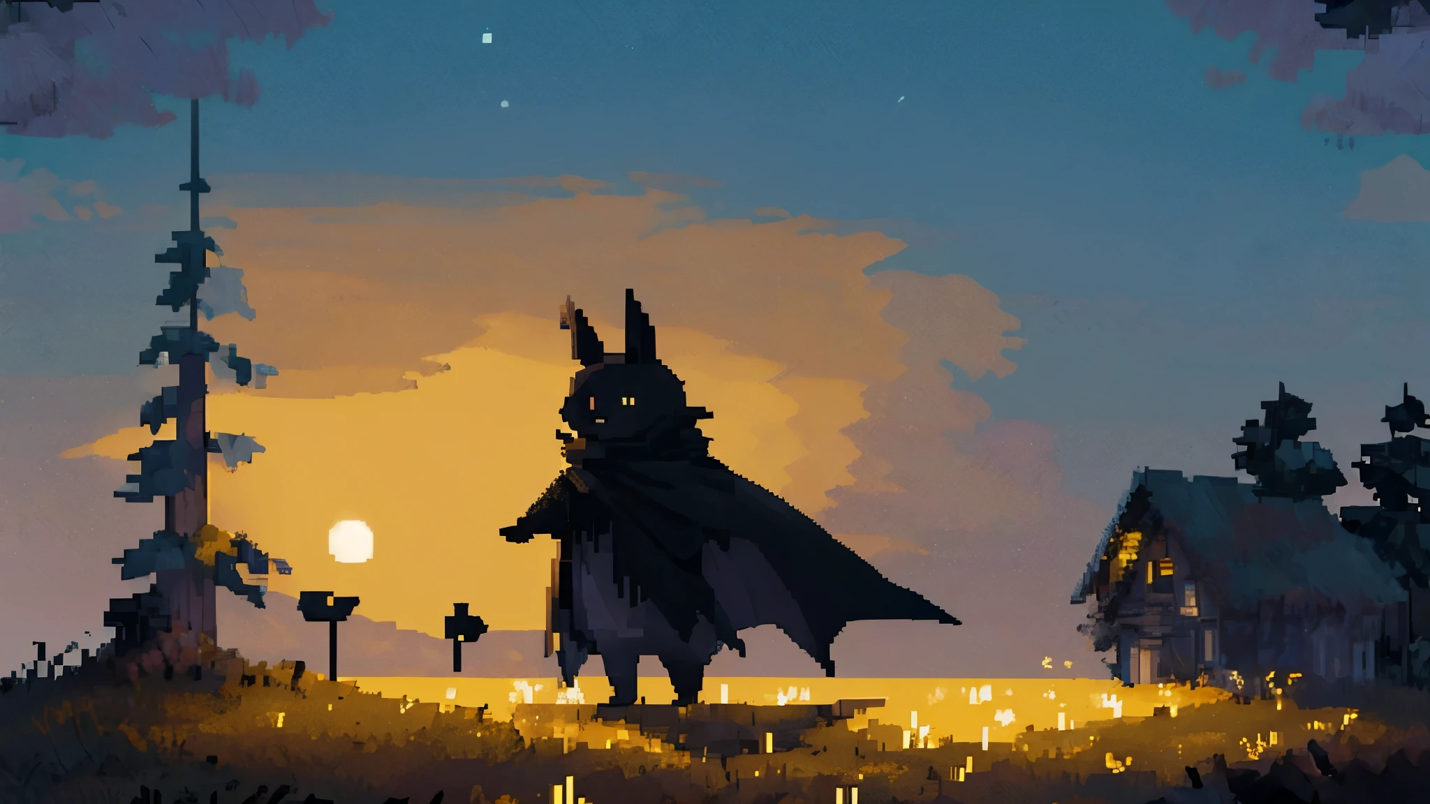 black furry bunny standing under the moonlight wearing a cloak and has glowing yellow eyes , dark background, high detail, no light, Pixel art of a woods landscape in the middle of the night, mistic, full moon, moonlight, (flat shading:1.2), (minimalist:1.4)