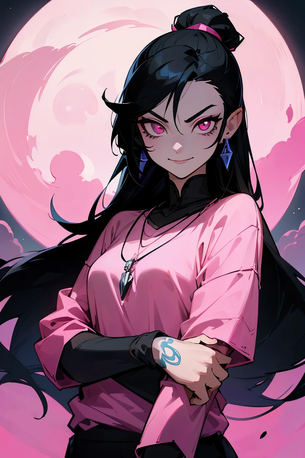avatar,long black hair, silver necklace, pink shirt, earrings, tattoo, young female, smirking, pink eyes, moonlight