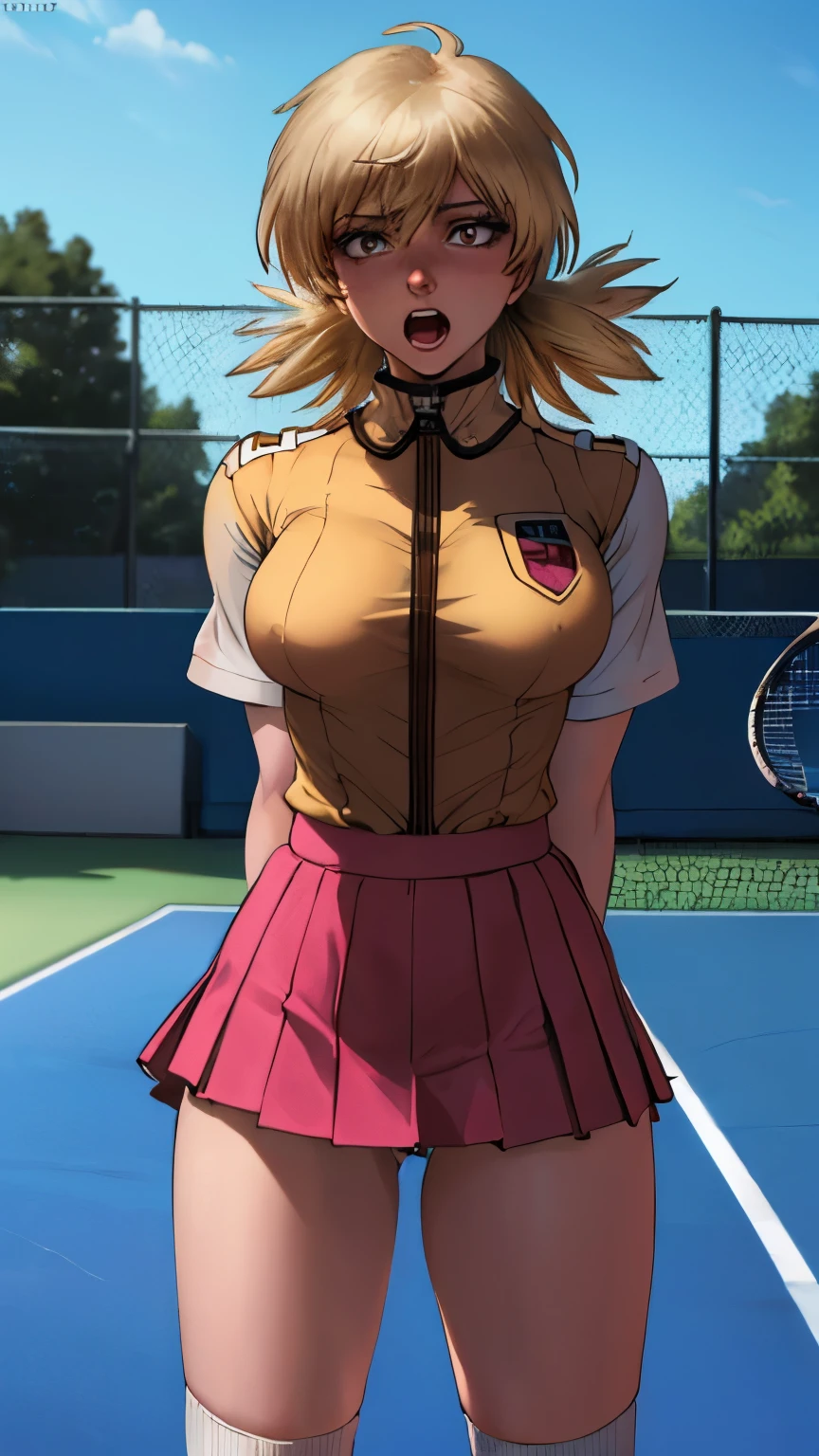 (perfect anatomy, anatomically correct, super detailed skin), 1 girl, seras, 19 years old, shiny skin, white skin, watching the view, front view,
beautiful hair, beautiful face, beautiful detailed eyes, cameltoe, break,
((symmetrical clothinetallic)), ((pink tennis uniform, short sleeve, shirt, skirt, socks, tennis shoes), white panties), ((slave collar)), break,
(((((brown rope)), shibari:1.5, (shibari over clothes)))), ((arms behind back:1.5), breasts bondage, arms bondage legs bondage), (((toys in panties))),
((ashamed, open mouth)), (standing),
(beautiful scenery), evening, (tennis court),
(8k, top-quality, masterpiece:1.2, extremely detailed), (photorealistic:1.2), beautiful illustration, cinematic lighting,