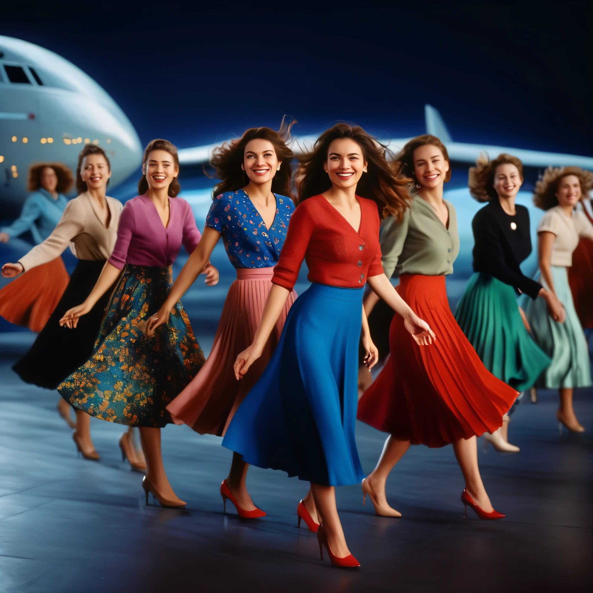 group photo of smiling, authentic, (shy:1,3), kind, beautiful women, passionately in love with their skirts, dancing sensually while wind lifts their skirts all around, wearing short blazers and very detailed (very long (fully pleated) full circle skirts) and (low heeled court shoes), very intricate hyper-detailed symmetric (attractive graceful young feminine faces) with (sad, tired eyes and loving smiles), large breasts, full of empathy and compassion and love, (pronounced (feminine) features), (highly detailed ultra accurate realistic) hands and fingers, (windy), epic composition, highly detailed attributes, (85MM F/1.4 lens photograph), extremely high quality RAW photograph, highly detailed atmosphere, sci-fi, cinematic shot, dynamic lighting, 75mm, Technicolor, Panavision, cinemascope, sharp focus, fine details, 8k, HDR, realism, realistic, space background, key visual, sci-fi film still, superb cinematic color grading, depth of field 