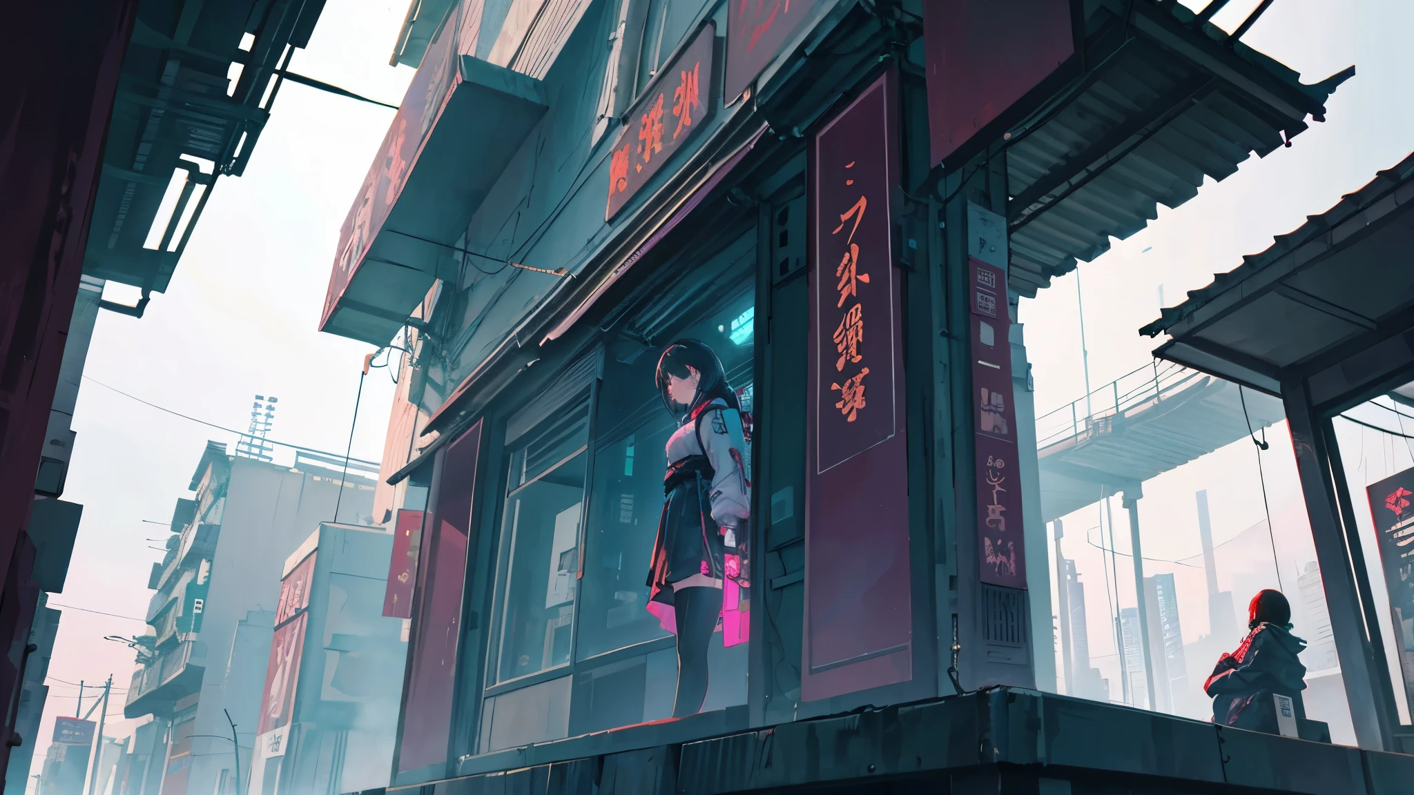 A girl is looking out.
The world outside is a cyberpunk style of oriental buildings
A fitting backdrop for lofi music