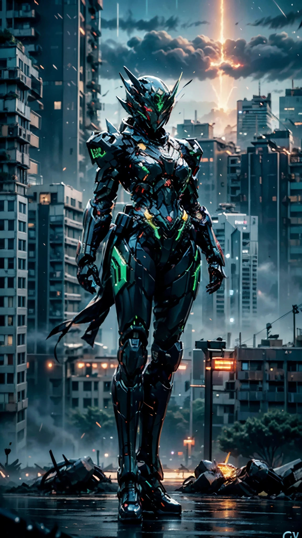 A woman adorned in fantasy-style full-body armor, a crown-concept fully enclosed helmet that unveils only her eyes, a composite layered chest plate, fully encompassing shoulder and hand guards, a lightweight waist armor, form-fitting shin guards, the overall design is heavy-duty yet flexible, ((the armor gleams with a blue glow, complemented by red and green accents)), exhibiting a noble aura, she floats above the Futuristic city, this character embodies a finely crafted fantasy-surreal style armored hero in anime style, exquisite and mature manga art style, (Godzilla concept Armor, photorealistic:1.4, real texture material:1.2, professional photo, cinematic), ((city night view, element, energy, elegant, goddess, femminine:1.5)), metallic, high definition, best quality, highres, ultra-detailed, ultra-fine painting, extremely delicate, anatomically correct, symmetrical face, extremely detailed eyes and face, high quality eyes, creativity, RAW photo, UHD, 32k, Natural light, cinematic lighting, masterpiece-anatomy-perfect, masterpiece:1.5