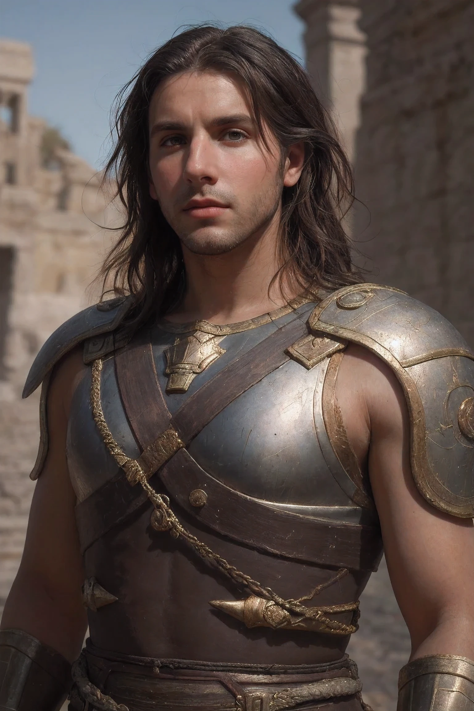 Portrait of resting roman male gladiator, (Paintings by Gaston Busier, Greg Rutkoski, Ilya Repin, Joseph von Brandt, oil painting on canvas, Popular topics on Artstation, Recommended on pixiv, film composition, Extreme details, metahuman creator, epic background), mediterranean landscape, close-up, Detailed face, Exquisite clothing details
