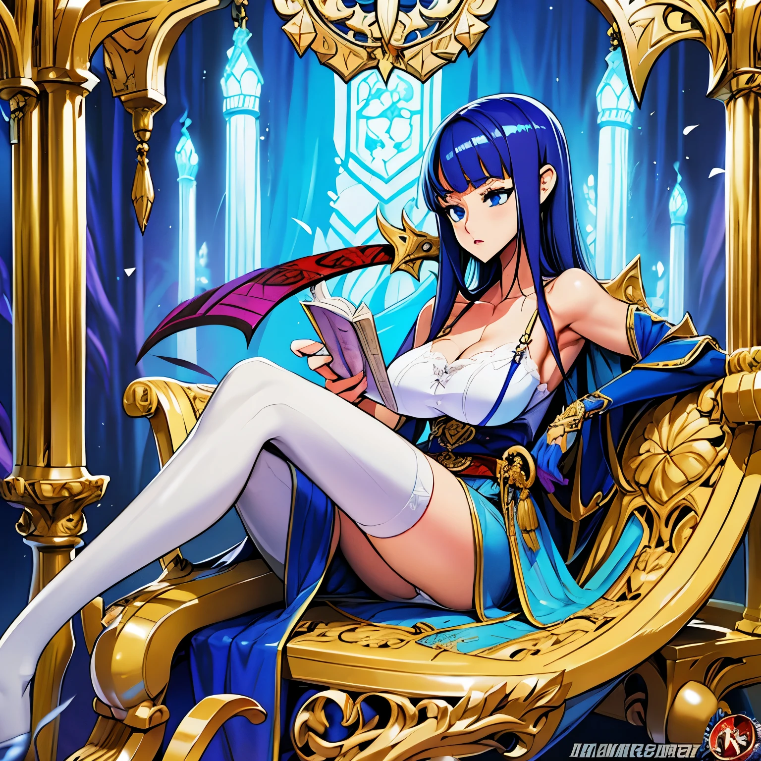 Girl. A world of swords and sorcery. Sitting in a chair, reading. White underwear. The bangs are cut in a straight line to the side. Miniskirt. Opening the crotch. Knee-high socks. Big tits.