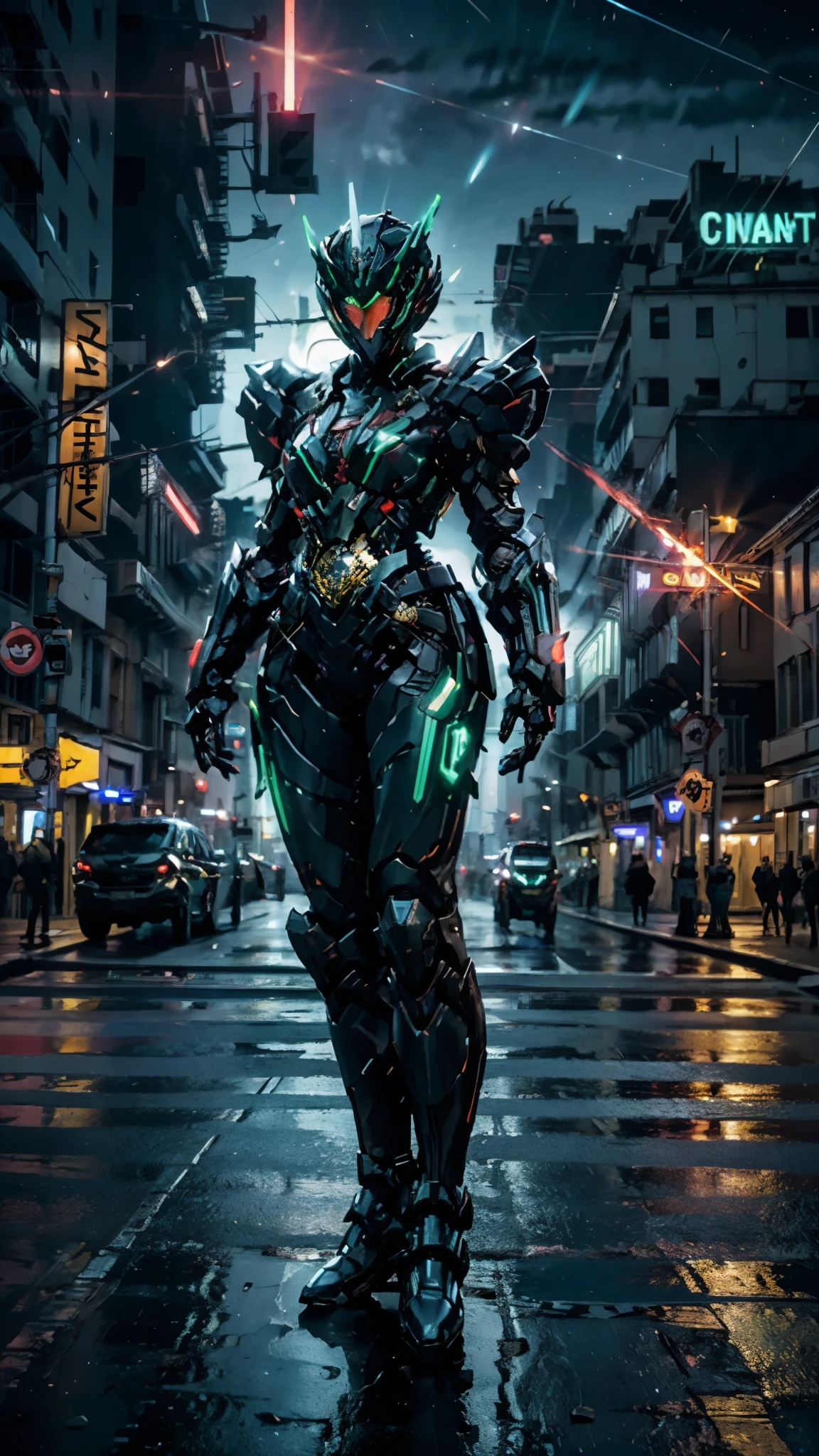 A woman adorned in fantasy-style full-body armor, a crown-concept fully enclosed helmet that unveils only her eyes, a composite layered chest plate, fully encompassing shoulder and hand guards, a lightweight waist armor, form-fitting shin guards, the overall design is heavy-duty yet flexible, ((the armor gleams with a blue glow, complemented by red and green accents)), exhibiting a noble aura, she floats above the Futuristic city, this character embodies a finely crafted fantasy-surreal style armored hero in anime style, exquisite and mature manga art style, (Godzilla concept Armor, photorealistic:1.4, real texture material:1.2, professional photo, cinematic), ((city night view, element, energy, elegant, goddess, femminine:1.5)), metallic, high definition, best quality, highres, ultra-detailed, ultra-fine painting, extremely delicate, anatomically correct, symmetrical face, extremely detailed eyes and face, high quality eyes, creativity, RAW photo, UHD, 32k, Natural light, cinematic lighting, masterpiece-anatomy-perfect, masterpiece:1.5