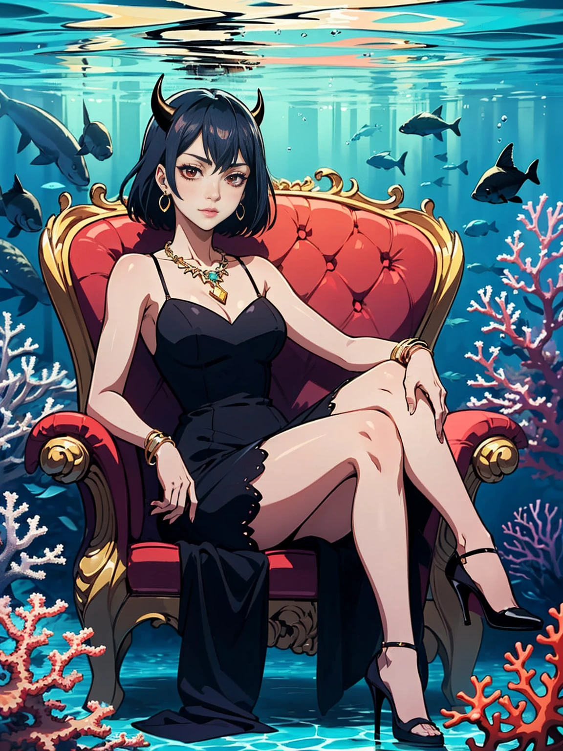 ((1girl, solo ,alone, Nero, Secre Swallowtail, illustration, (anime style, masterpiece, best quality), intricate details, 1girl, alone, Nero, black hair, short hair, red eyes, horns, black dress, black bulls, elegant delicate, reflection, shine, sophisticated, anime, manga, looking at the viewer, feathers)), ((solo, 1woman, pink lipstick, Extremely detailed, ambient soft lighting, 4k, perfect eyes, a perfect face, perfect lighting, a 1girl)), austere, ((sitting on a throne, ((legs crossed, high heels, underwater, submerged in the ocean, deep sea, sea creatures, aqua)), sitting on her throne under; water, sea queen, mu yanling, Krenz Cushart and Artgerm, ((fish, coral)), shark, turtle, algae)), ((long dress, elegant dress , formal dress, red dress, bracelets, ruby earrings, gold necklace, diamond, sovereign))