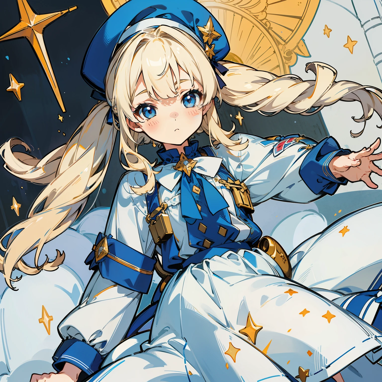 Extreme refinement, 1girl in、Aloof look、A pure girl, , plain white dress, smock dress, military style, military ta, blue accents, gold hardware, short pleated skirt, beret, blue accents, babydoll dress, long wavy hair, blonde hair, platinum hair, pigtails, braided pigtails, blue eyes, innocent, pure, angelic shoujo, 2000’s anime style（) ( body) (very thin) (no curves)