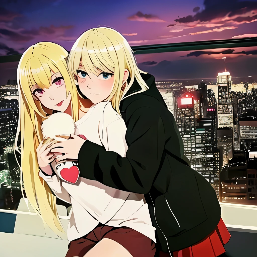 Dibujar al estilo anime, a blonde in her twenties hugging a girl underneath, mientras dice, I will protect you. Mientras de fondo se ve una ciudad arrasada.