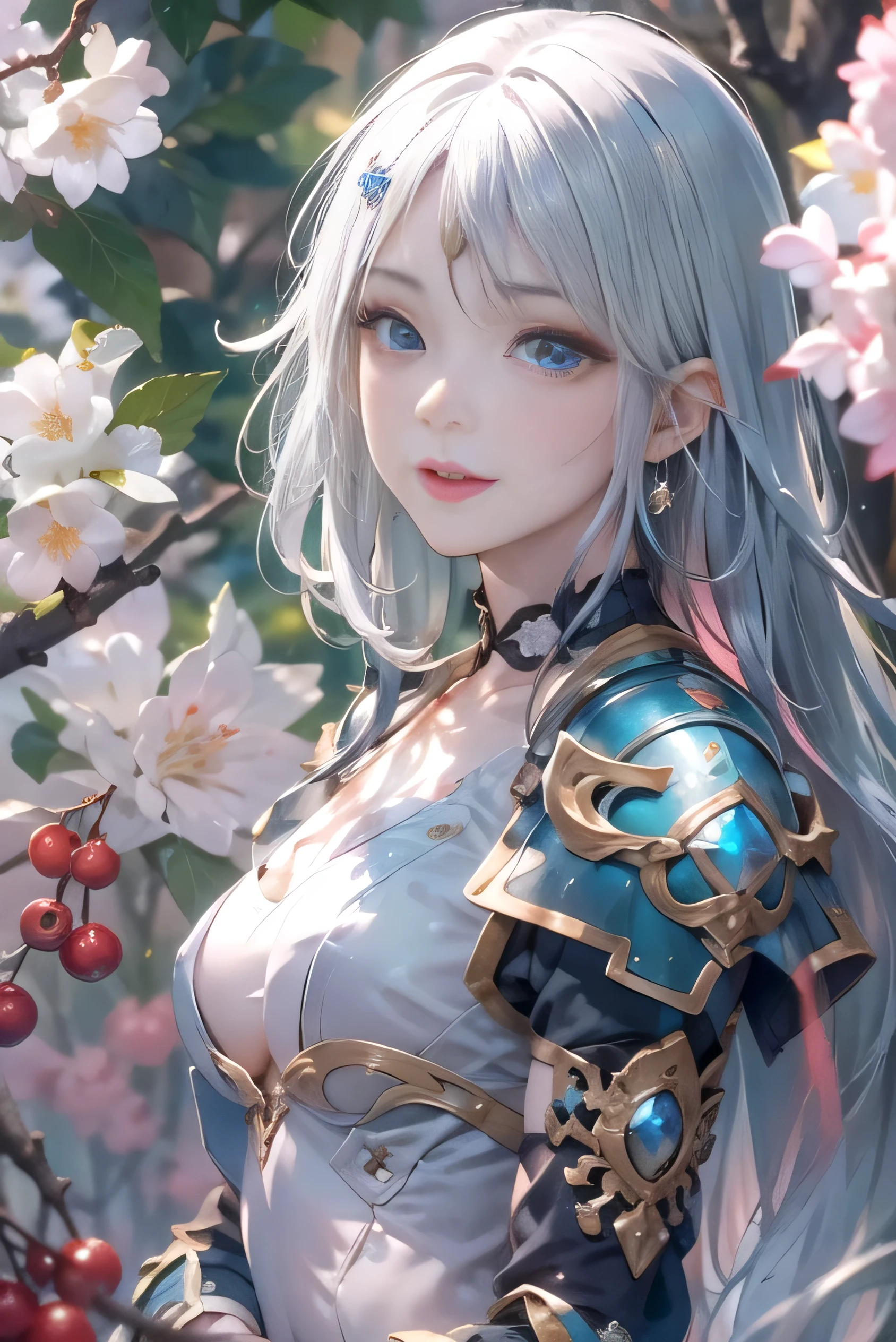 (photorealistic:1.8, highest quality:1.8,8K masterpiece:1.8,High resolution,muste piece:1.8,RAW Photos,cinematic lighting,red and purple dream colors),one young woman、(plump nipples、(Translucency:1.5)、armor dress、choker、knee high tights、loafer shoes),(beautiful detailed blue eyes:1.7,double eyelid:1.6,Beautiful skin with glowing details:1.2,small face、whole body), (from below:1.5,Looking at Viewer:1.5),( midium Hair:1.2、Beautiful shining blue and white hair:1.5), 
expression(Impish Smile、face turns red:1.3),(Moderate chest:1.3), Pause(Seductive pose:1.5) background(Cherry tree、Bright forest with blooming flowers),(detailed perfect face),anatomically correct,correct move:1.5,correct foot:1.5,Fingers in the correct proportions,(cameltoe),No split screen,slender abs:1.2,(Young sensual gravure idol)