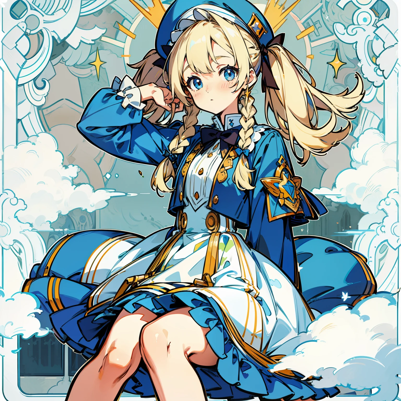 Extreme refinement, 1girl in、Aloof look、A pure girl, , plain white dress, smock dress, military style, military ta, blue accents, gold hardware, short pleated skirt, beret, blue accents, babydoll dress, long wavy hair, blonde hair, platinum hair, pigtails, braided pigtails, blue eyes, innocent, pure, angelic shoujo, 2000’s anime style() ( body) (very thin) (no curves)