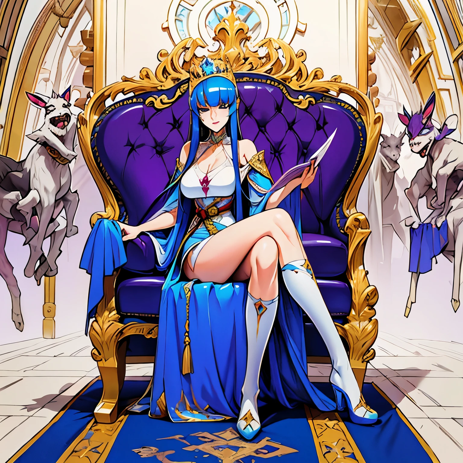 (majestic), beautiful queen, Girl. A world of swords and sorcery. Sitting in a chair, reading. White underwear. The bangs are cut in a straight line to the side. Miniskirt. Opening the crotch. Knee-high socks. gigantic tits.