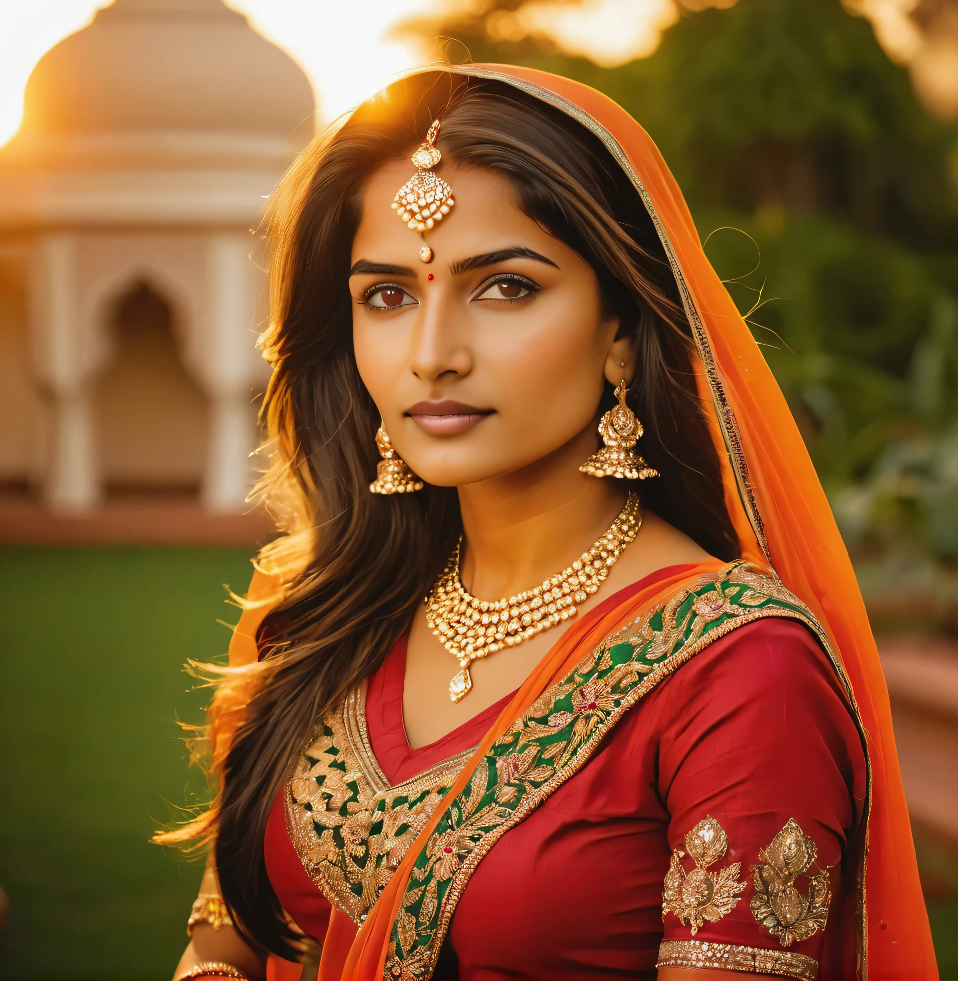 imagine prompt: A 25-year-old Indian lady exudes beauty and allure in traditional Indian attire, richly adorned with intricate embroidery and vibrant colours, a captivating gaze and confident posture, set in a palatial garden during a golden sunset, evoking warmth and sophistication, Photography, using a full-frame DSLR with a 50mm lens, f/2.8 aperture for a soft background, --ar 16:9 --v 5