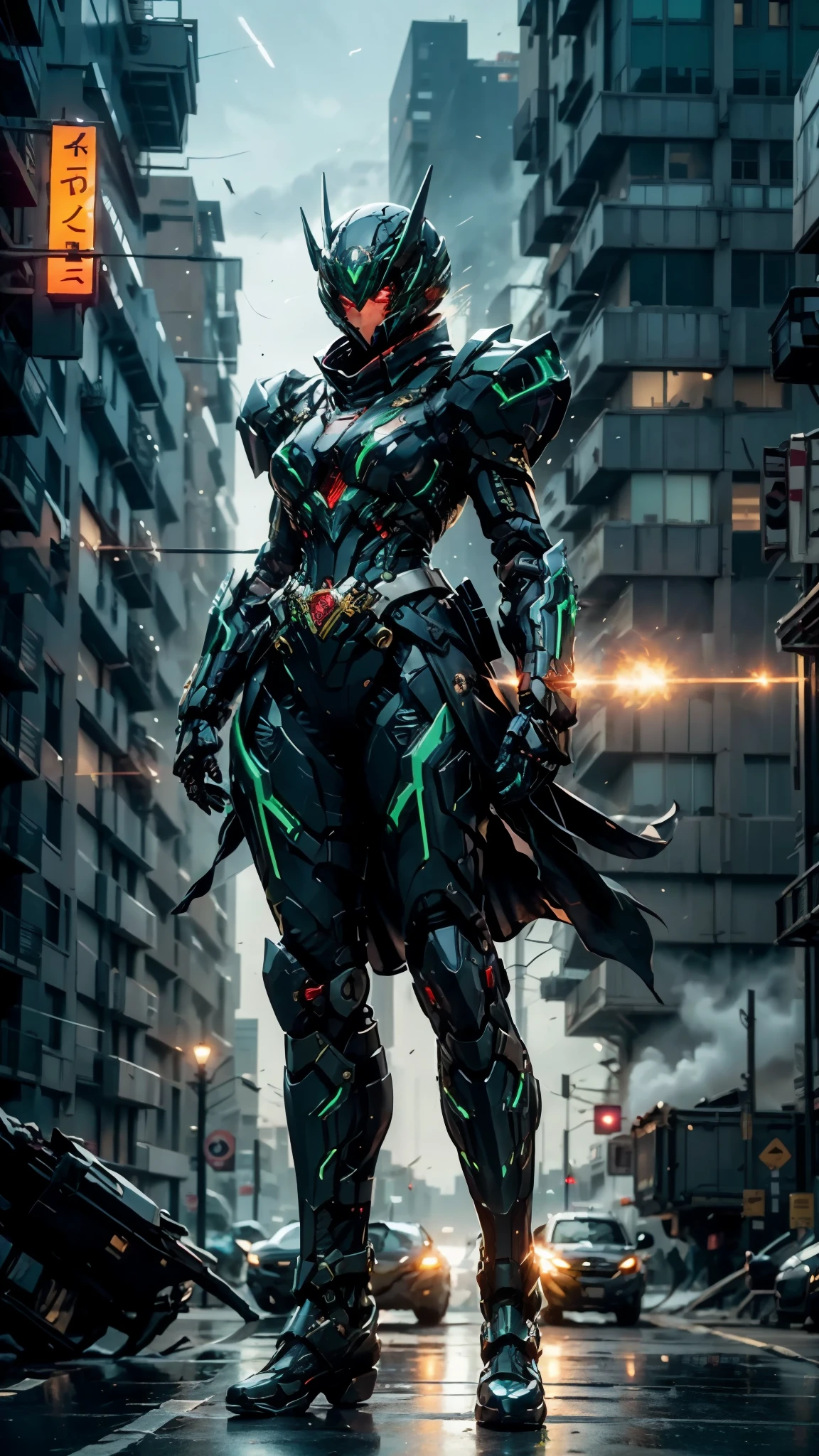 A woman adorned in fantasy-style full-body armor, a crown-concept fully enclosed helmet that unveils only her eyes, a composite layered chest plate, fully encompassing shoulder and hand guards, a lightweight waist armor, form-fitting shin guards, the overall design is heavy-duty yet flexible, ((the armor gleams with a blue glow, complemented by red and green accents)), exhibiting a noble aura, she floats above the Futuristic city, this character embodies a finely crafted fantasy-surreal style armored hero in anime style, exquisite and mature manga art style, (Godzilla concept Armor, photorealistic:1.4, real texture material:1.2, professional photo, cinematic), ((city night view, element, energy, elegant, goddess, femminine:1.5)), metallic, high definition, best quality, highres, ultra-detailed, ultra-fine painting, extremely delicate, anatomically correct, symmetrical face, extremely detailed eyes and face, high quality eyes, creativity, RAW photo, UHD, 32k, Natural light, cinematic lighting, masterpiece-anatomy-perfect, masterpiece:1.5