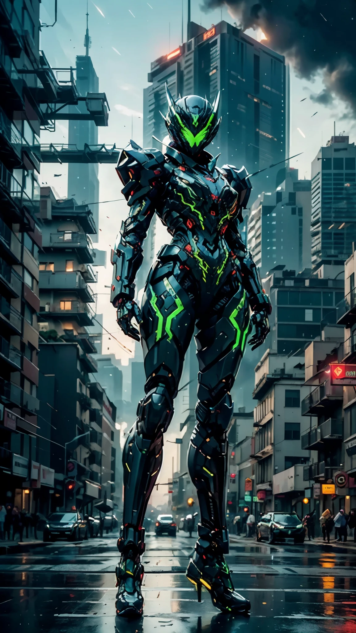 A woman adorned in fantasy-style full-body armor, a crown-concept fully enclosed helmet that unveils only her eyes, a composite layered chest plate, fully encompassing shoulder and hand guards, a lightweight waist armor, form-fitting shin guards, the overall design is heavy-duty yet flexible, ((the armor gleams with a blue glow, complemented by red and green accents)), exhibiting a noble aura, she floats above the Futuristic city, this character embodies a finely crafted fantasy-surreal style armored hero in anime style, exquisite and mature manga art style, (Godzilla concept Armor, photorealistic:1.4, real texture material:1.2, professional photo, cinematic), ((city night view, element, energy, elegant, goddess, femminine:1.5)), metallic, high definition, best quality, highres, ultra-detailed, ultra-fine painting, extremely delicate, anatomically correct, symmetrical face, extremely detailed eyes and face, high quality eyes, creativity, RAW photo, UHD, 32k, Natural light, cinematic lighting, masterpiece-anatomy-perfect, masterpiece:1.5