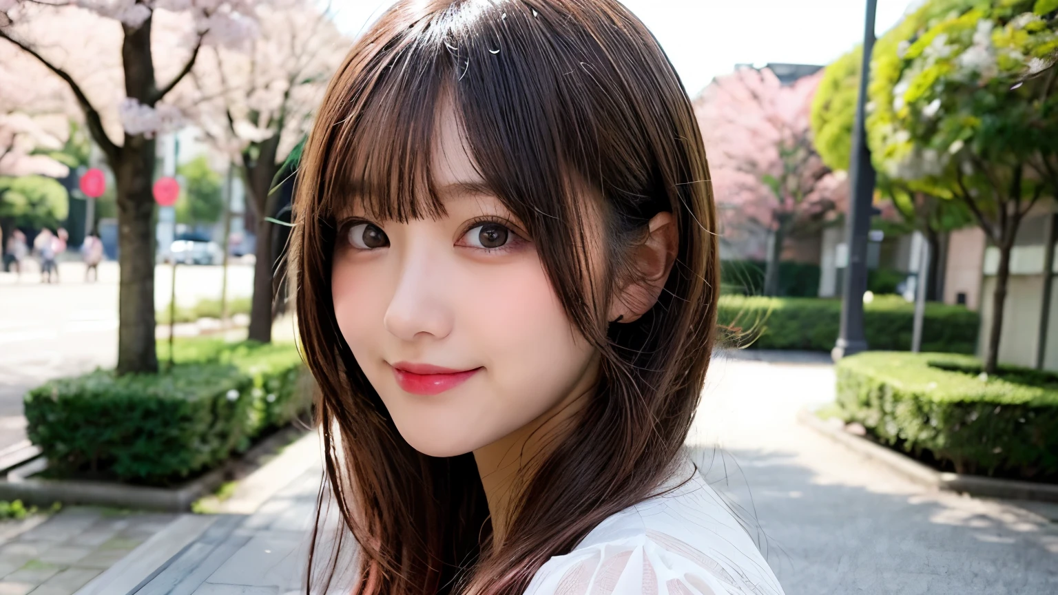 table top, highest quality, shape, Super detailed, finely, High resolution, 8k wallpaper, 完璧なダイナミックな構shape, finelyて美しい目, Wearing a pink dress,medium hair,natural color lip, smile,Harajuku、age girl、cute、looking at the camera、C cup、brown hair、Blurred cherry blossom background