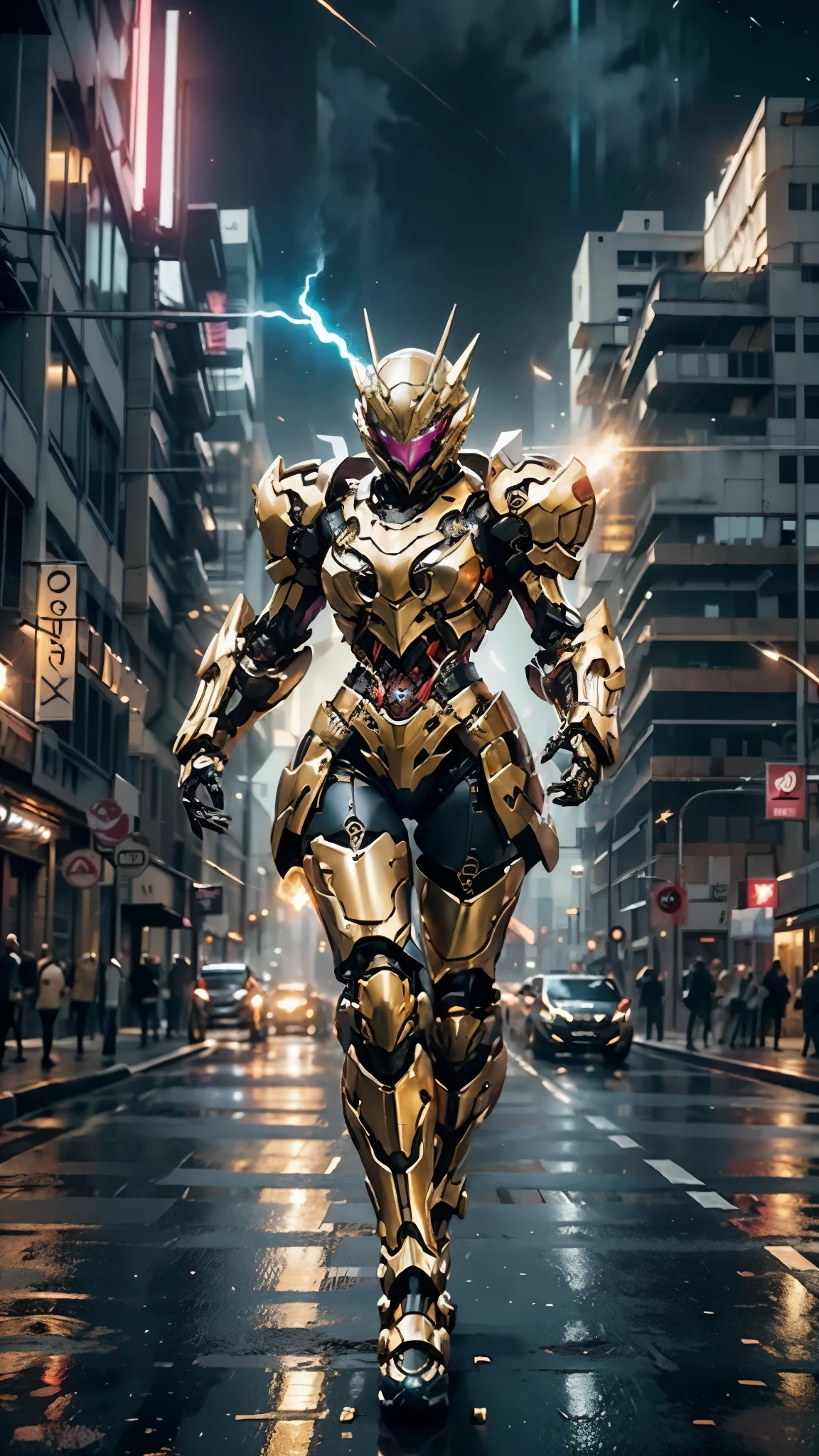 A woman adorned in fantasy-style full-body armor, a crown-concept fully enclosed helmet that unveils only her eyes, a composite layered chest plate, fully encompassing shoulder and hand guards, a lightweight waist armor, form-fitting shin guards, the overall design is heavy-duty yet flexible, ((the armor gleams with a red glow, complemented by Gold and Silver accents)), exhibiting a noble aura, she floats above the Futuristic city, this character embodies a finely crafted fantasy-surreal style armored hero in anime style, exquisite and mature manga art style, (Dragon concept Armor, photorealistic:1.4, real texture material:1.2, professional photo, cinematic), ((city night view, element, energy, elegant, goddess, femminine:1.5)), metallic, high definition, best quality, highres, ultra-detailed, ultra-fine painting, extremely delicate, anatomically correct, symmetrical face, extremely detailed eyes and face, high quality eyes, creativity, RAW photo, UHD, 32k, Natural light, cinematic lighting, masterpiece-anatomy-perfect, masterpiece:1.5