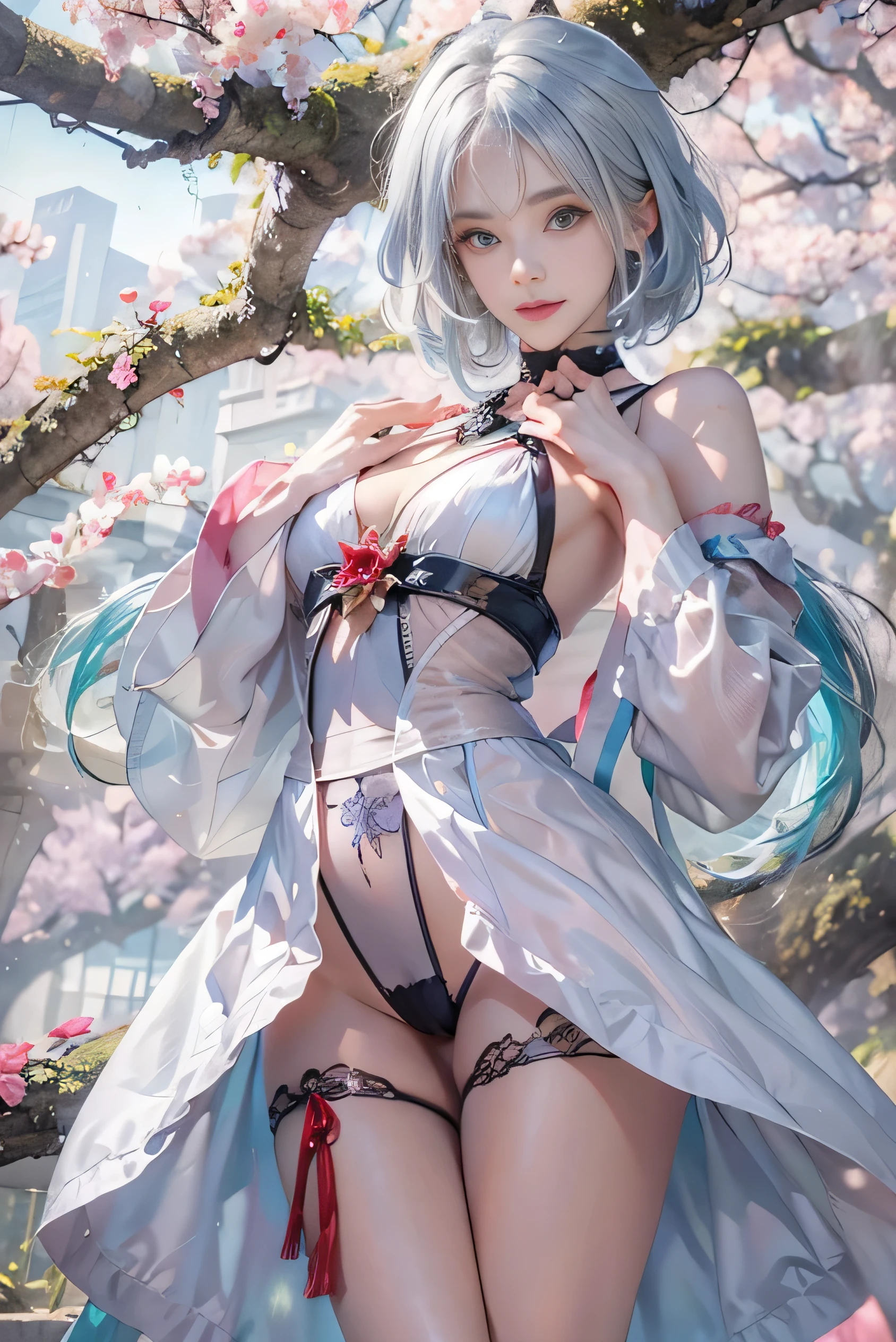 (photorealistic:1.8, highest quality:1.8,8K masterpiece:1.8,High resolution,muste piece:1.8,RAW Photos,cinematic lighting,red and purple dream colors),one young woman、(transparent leotard、choker、knee high tights、loafer shoes),(beautiful detailed blue eyes:1.7,double eyelid:1.6,Beautiful skin with glowing details:1.2,small face、whole body), (from below:1.5,Looking at Viewer:1.5),( short Hair:1.2、Beautiful shining blue and white hair:1.5),
expression(Impish Smile、face turns red:1.3),(Moderate chest:1.3), Pause(Seductive pose:1.5) background(Cherry tree、Bright forest with blooming flowers),(detailed perfect face),Nipples are visible through the costume、anatomically correct,correct move:1.5,correct foot:1.5,Fingers in the correct proportions,(cameltoe),No split screen,slender abs:1.2,(Young sensual gravure idol)