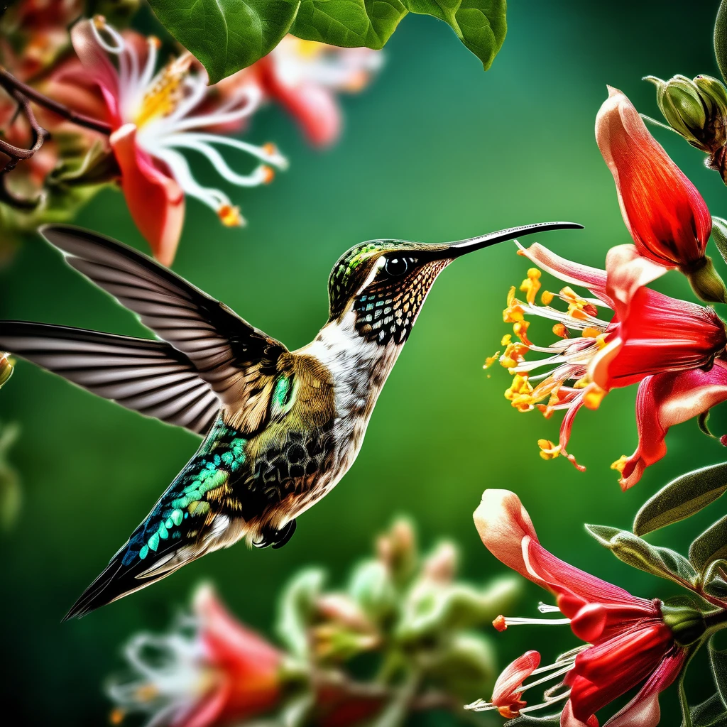 Hummingbird, aesthetic, extremely detailed, Hummingbird drinking from a honeysuckle flower intricate details, HDR, beautifully shot, hyperrealistic, sharp focus, megapixels, perfect composition, high contrast, cinematic, atmospheric, moody