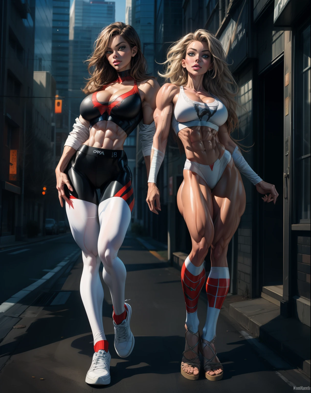 Obra maestra, La mejor calidad:1.2), ((muscular:1.5)) ((hembra:1.5)),tetona,curva, ((mujer)), sexy, Grande_Tetas,(Pintura digital: 1.4), Una hermosa mujer con un disfraz de Spider-Woman, Frente al espectador, De pie en un edificio, Antecedentes urbanos, La mejor obra maestra, Muy alto detalle, realista, 8k,