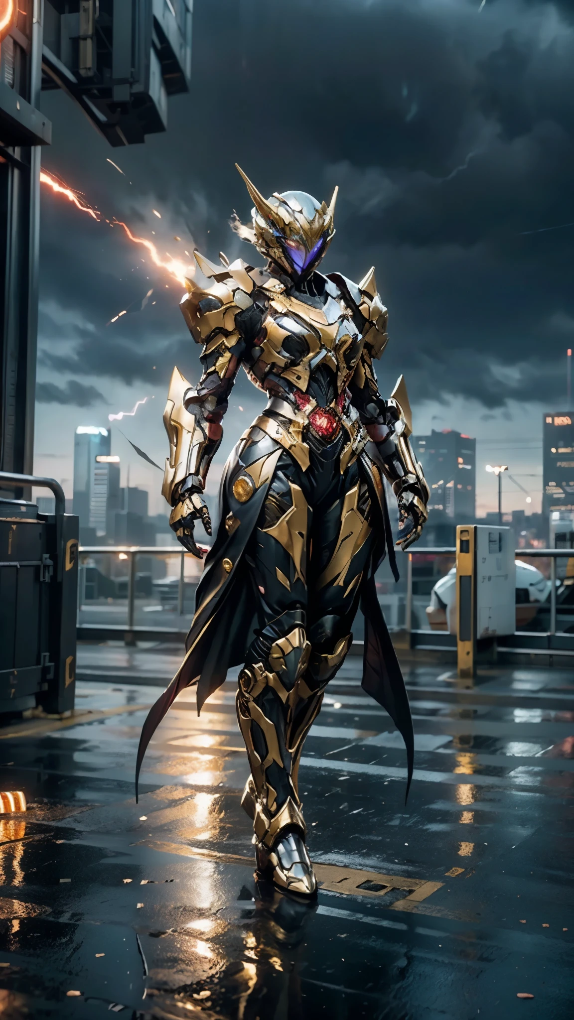 A woman adorned in fantasy-style full-body armor, a crown-concept fully enclosed helmet that unveils only her eyes, a composite layered chest plate, fully encompassing shoulder and hand guards, a lightweight waist armor, form-fitting shin guards, the overall design is heavy-duty yet flexible, ((the armor gleams with a red glow, complemented by Gold and Silver accents)), exhibiting a noble aura, she floats above the Futuristic city, this character embodies a finely crafted fantasy-surreal style armored hero in anime style, exquisite and mature manga art style, (Dragon concept Armor, photorealistic:1.4, real texture material:1.2, professional photo, cinematic), ((city night view, element, energy, elegant, goddess, femminine:1.5)), metallic, high definition, best quality, highres, ultra-detailed, ultra-fine painting, extremely delicate, anatomically correct, symmetrical face, extremely detailed eyes and face, high quality eyes, creativity, RAW photo, UHD, 32k, Natural light, cinematic lighting, masterpiece-anatomy-perfect, masterpiece:1.5