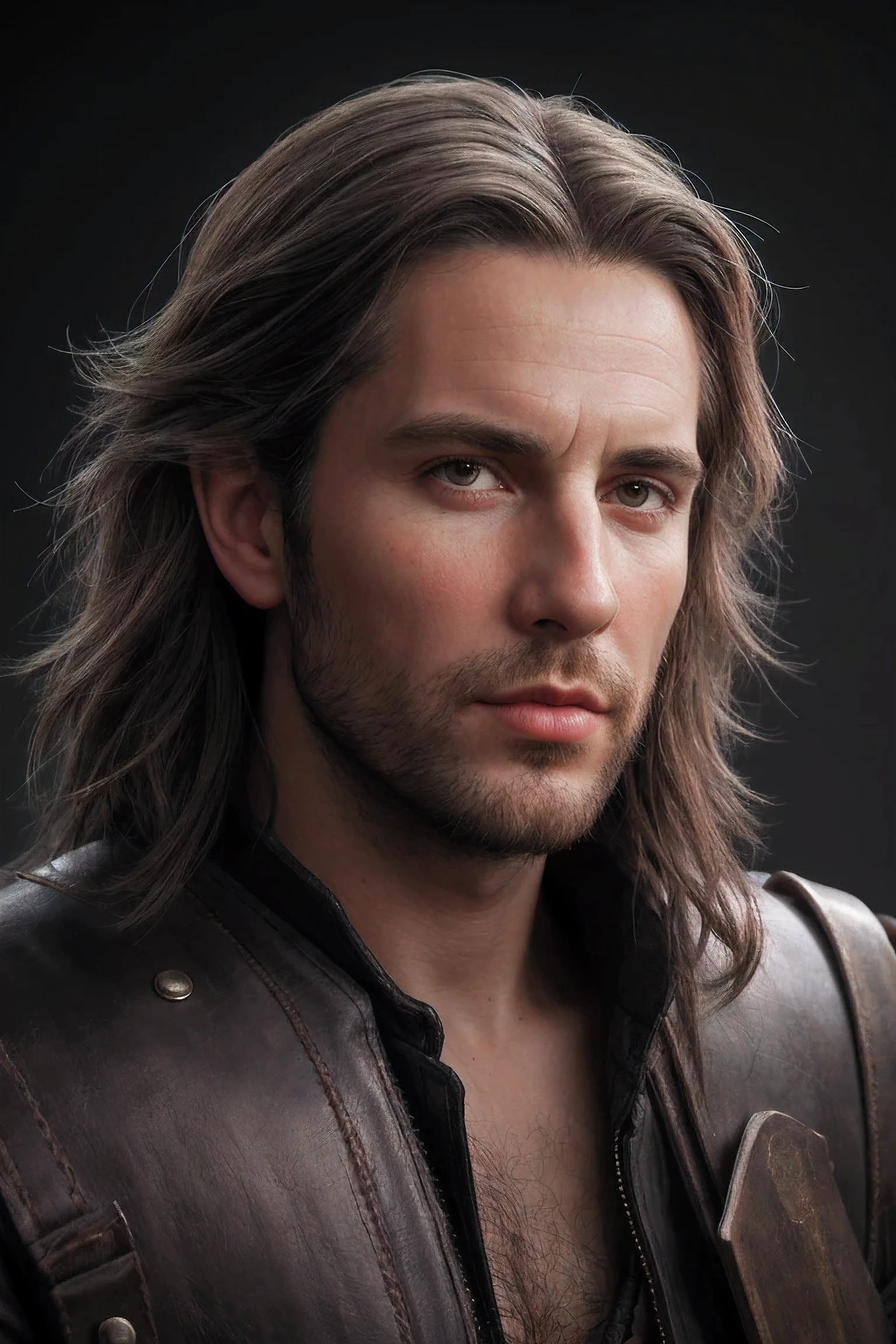 Portrait of a ruggedly handsome paladin, soft hair, muscular, Half body, male, Mature, salt and pepper hair, leather, hairy, d & d, fantasy, complex, elegant, Very detailed, digital painting, art station, concept art, Smooth, sharp focus, illustration, Artgerm、Artwork by Greg Rutkowski and Alphonse Mucha