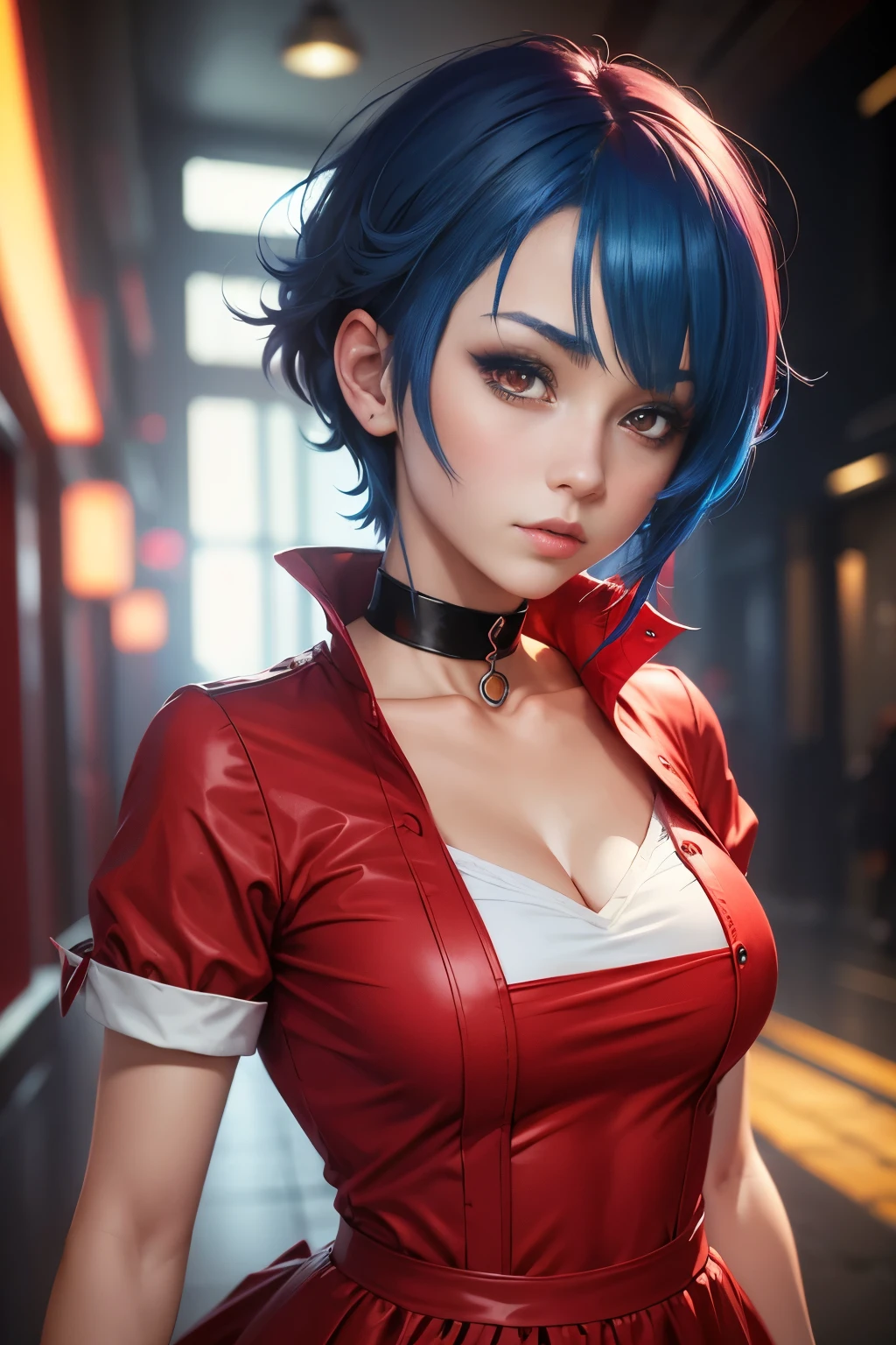 anime style, face portrait, female character, (((red clothes))), (((blue hair))), short hair, purple choker, yellow eyes, red maid uniform, detailed, 8k, high quality, effects emotional, anime style