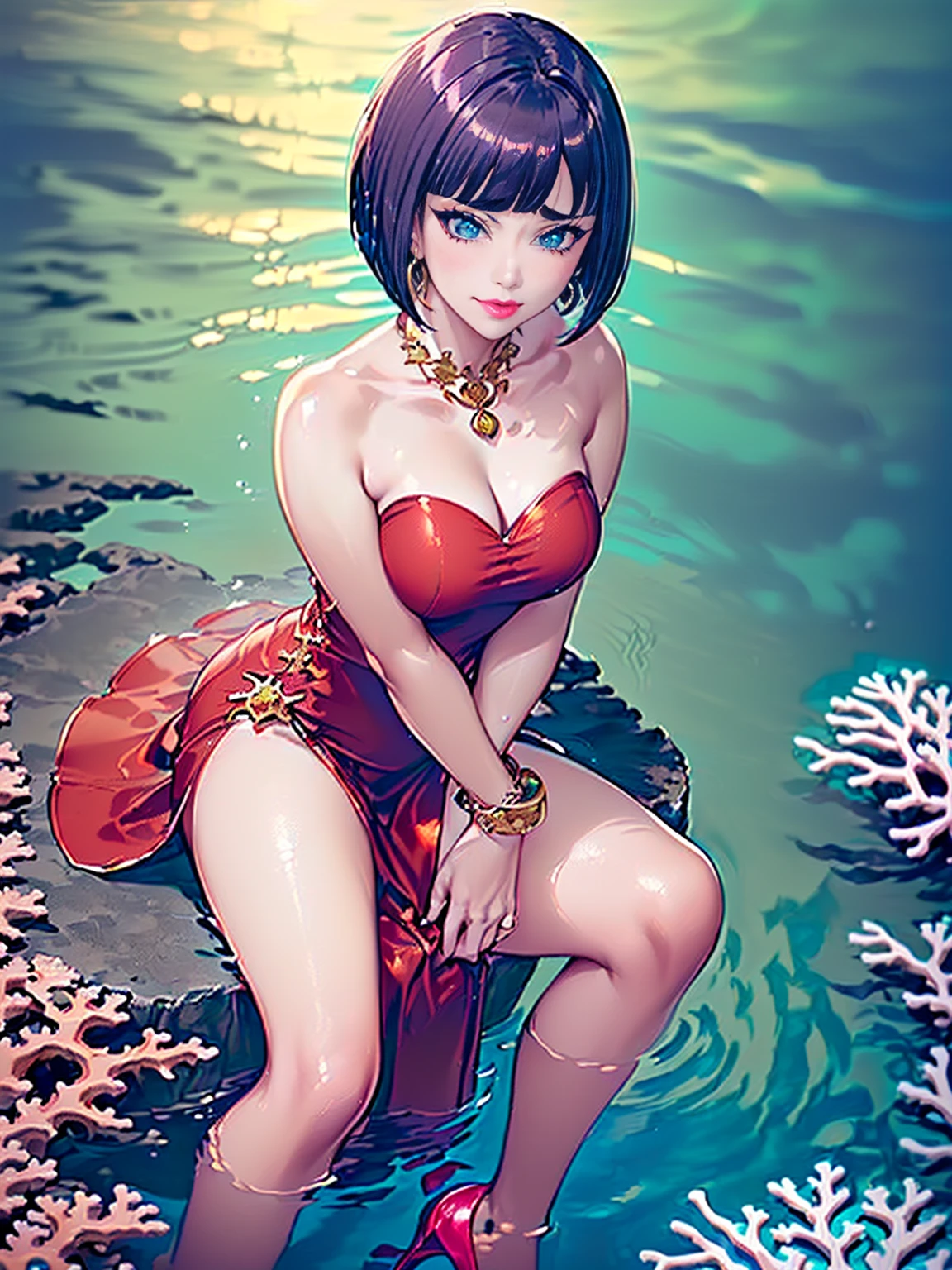 ((shiny eyes, 1girl, milf, sexy pose, ((Itsuki Shima, mature female, (cowboy shot:1.2), short hair, brown hair, bob cut, brown eyes, looking at viewer, perfect body, perfect eyes, anime eyes, eyeshadow, perfect face, (blush, smirking:1.1), sharp focus, professional artwork, intricate details)), ((solo, (1woman, pink lipstick), Extremely detailed, ambient soft lighting, 4k, perfect eyes, a perfect face, perfect lighting, a 1girl)), austere, ((sitting on a throne, (( elegant high heels, high heels, underwater, submerged in the ocean, deep sea, sea creatures, aqua)), sitting on her throne under; water, sea queen, mu yanling, Krenz Cushart and Artgerm, ((fish, coral)), shark, turtle, algae)), ((long dress, elegant dress , formal dress, dark red dress, bracelets, ruby earrings, gold necklace, diamond, sovereign))