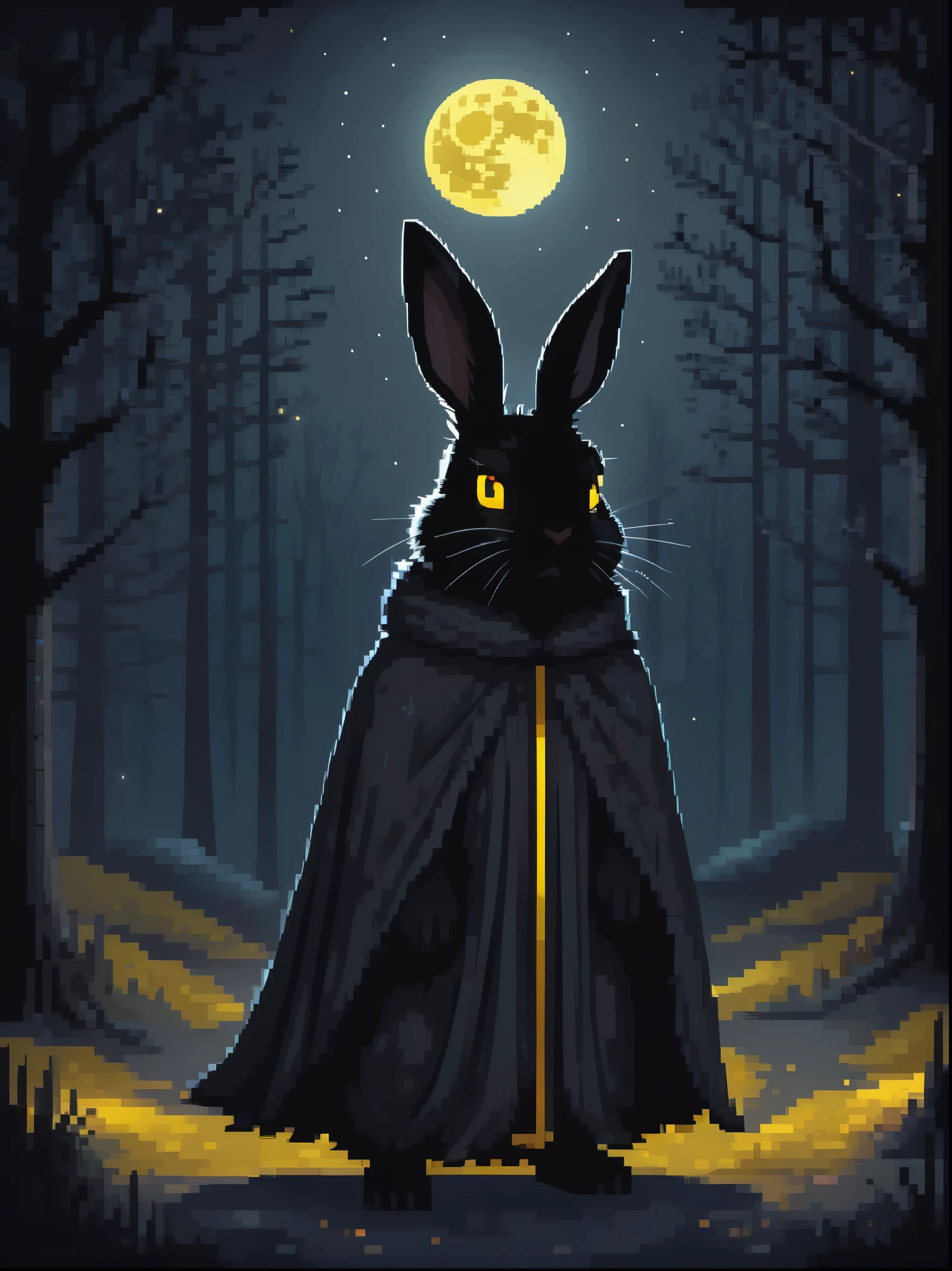 black furry bunny standing under the moonlight wearing a cloak and has glowing yellow eyes , dark background, high detail, no light, Pixel art of a woods landscape in the middle of the night, mistic, full moon, moonlight, (flat shading:1.2), (minimalist:1.4)