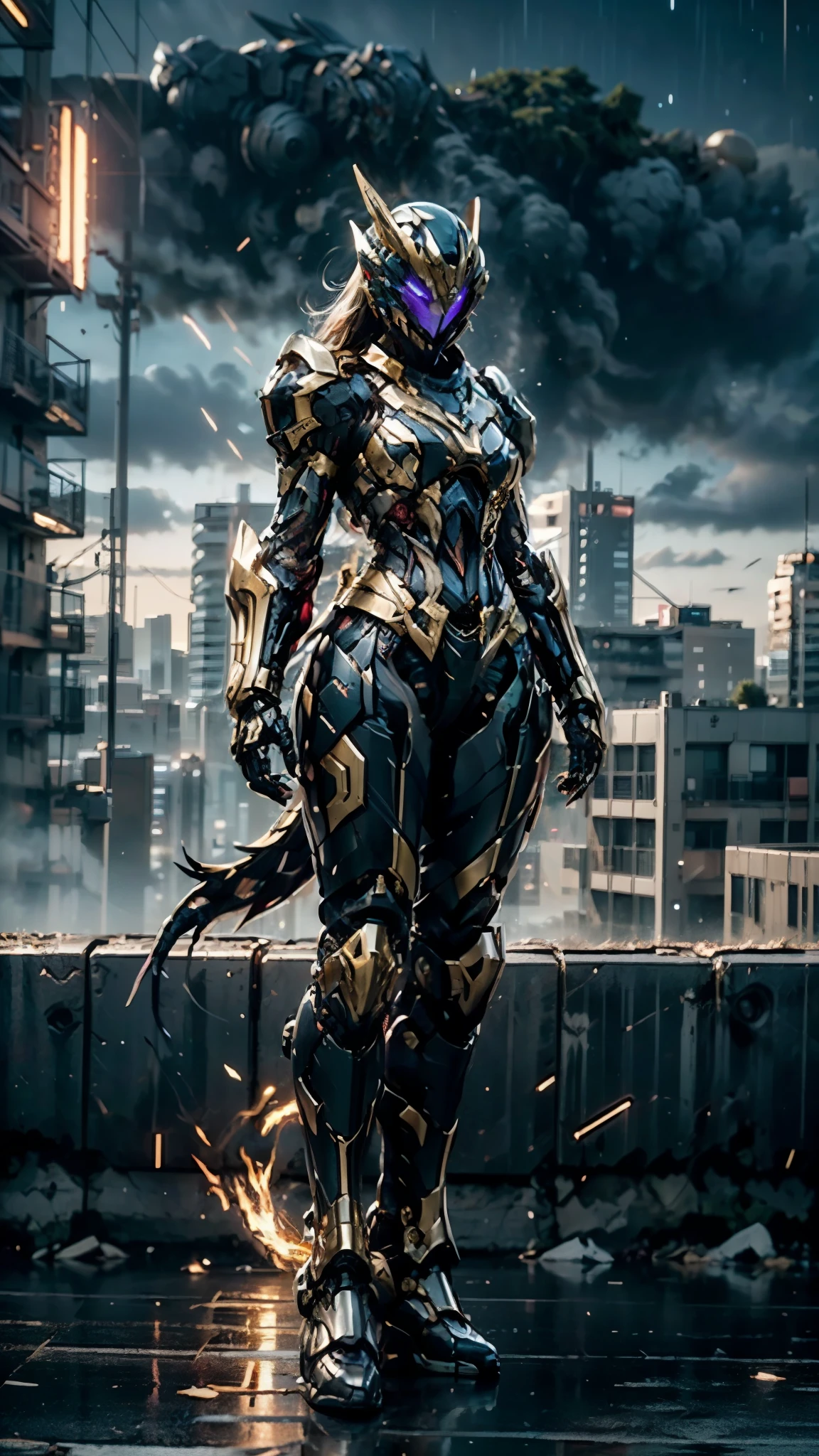 A woman adorned in fantasy-style full-body armor, a crown-concept fully enclosed helmet that unveils only her eyes, a composite layered chest plate, fully encompassing shoulder and hand guards, a lightweight waist armor, form-fitting shin guards, the overall design is heavy-duty yet flexible, ((the armor gleams with a red glow, complemented by Gold and Silver accents)), exhibiting a noble aura, she floats above the Futuristic city, this character embodies a finely crafted fantasy-surreal style armored hero in anime style, exquisite and mature manga art style, (Dragon concept Armor, photorealistic:1.4, real texture material:1.2, professional photo, cinematic), ((city night view, element, energy, elegant, goddess, femminine:1.5)), metallic, high definition, best quality, highres, ultra-detailed, ultra-fine painting, extremely delicate, anatomically correct, symmetrical face, extremely detailed eyes and face, high quality eyes, creativity, RAW photo, UHD, 32k, Natural light, cinematic lighting, masterpiece-anatomy-perfect, masterpiece:1.5