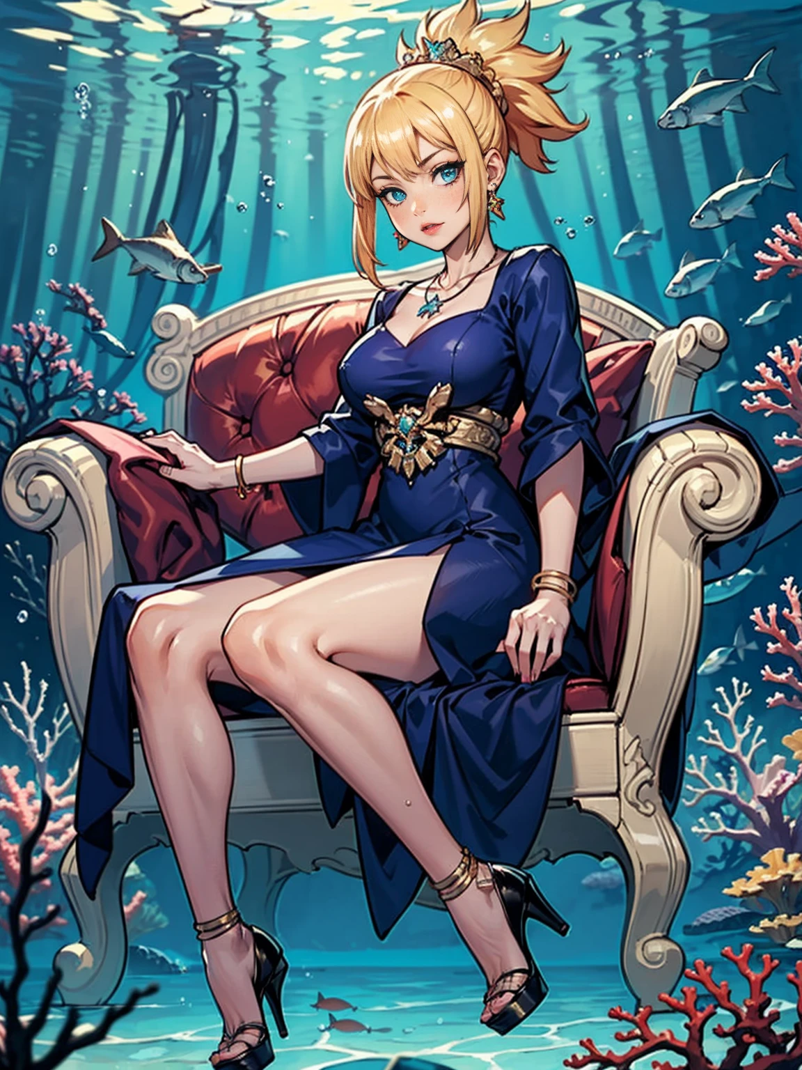 ((1woman, (solo, 1girl, alone), kohaku, blonde hair, blue eyes, tied hair)), smug, ((solo, (1woman, pink lipstick), Extremely detailed, ambient soft lighting, 4k, perfect eyes, a perfect face, perfect lighting, a 1girl)), austere, ((sitting on a throne, (( elegant high heels, high heels, underwater, submerged in the ocean, deep sea, sea creatures, aqua)), sitting on her throne under; water, sea queen, mu yanling, Krenz Cushart and Artgerm, ((fish, coral)), shark, turtle, algae)), ((long dress, elegant dress , formal dress, dark red dress, bracelets, ruby earrings, gold necklace, diamond, sovereign))
