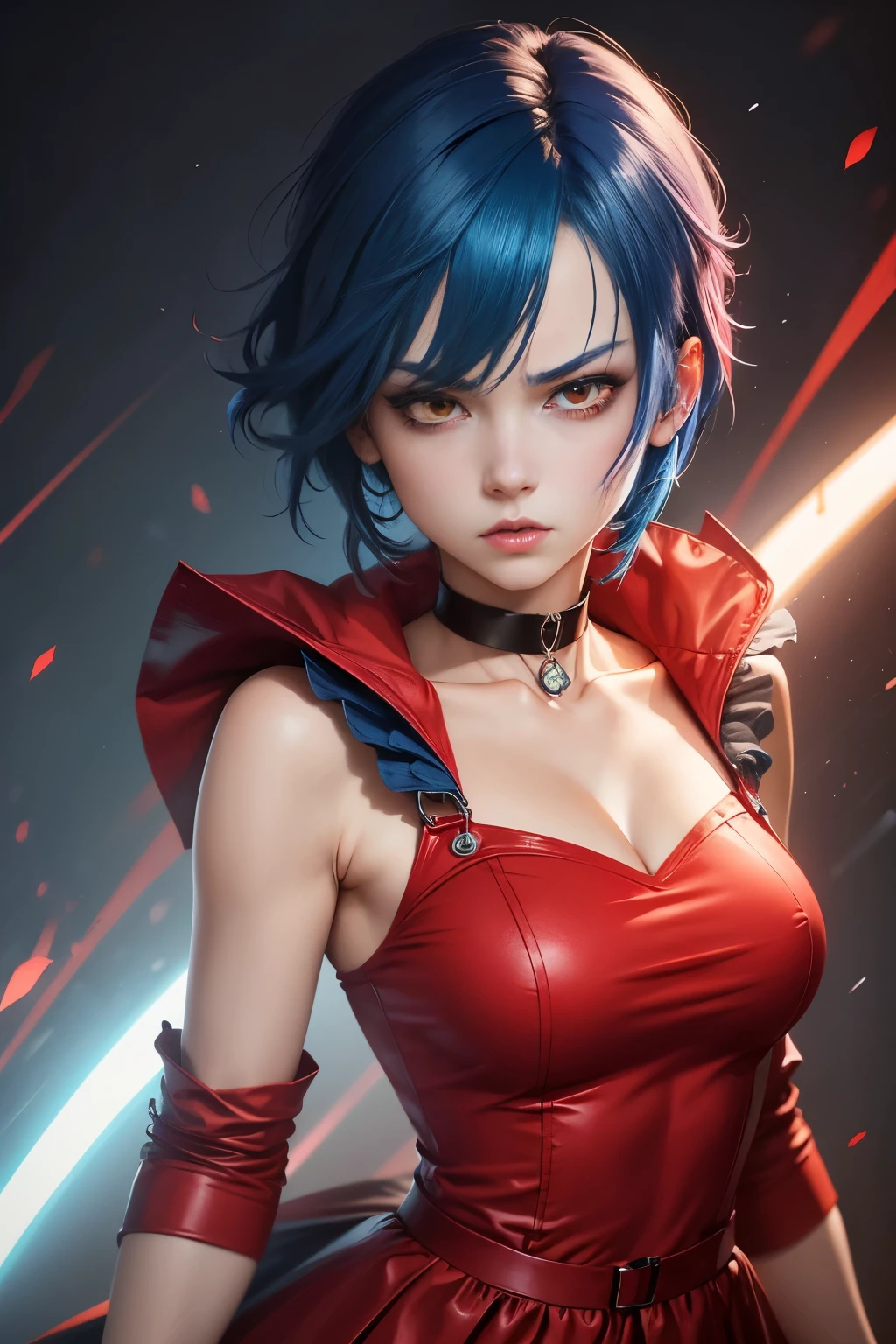 anime style, face portrait, female character, (((red clothes))), (((blue hair))), short hair, purple choker, yellow eyes, red maid uniform, detailed, 8k, high quality, effects emotional, anime style, angry face