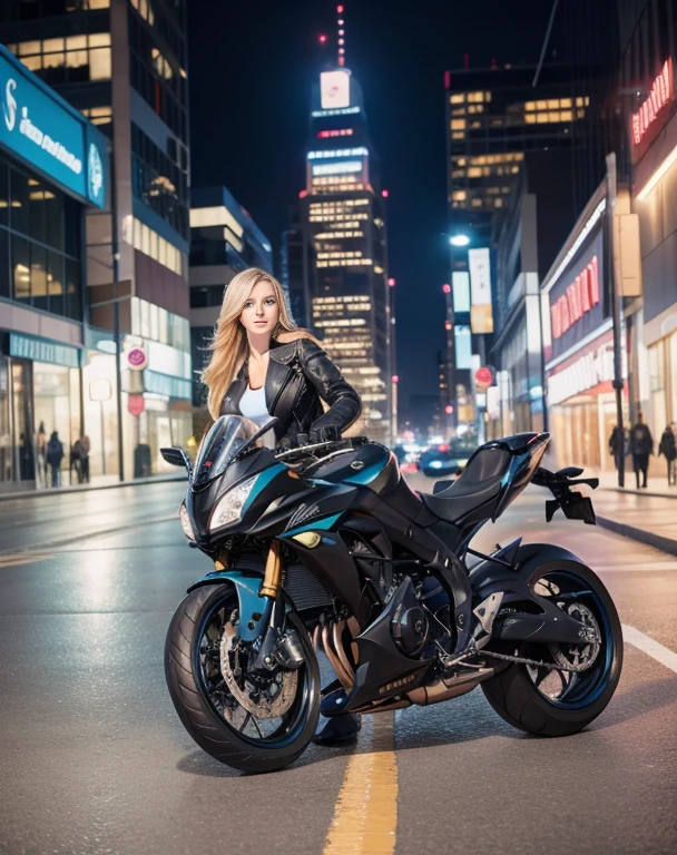 (best quality,highres,ultra-detailed),full-body perfect woman,perfect smile,long blonde hair,next to a Z650 motorcycle in a city at night,nighttime cityscape,neon lights,urban setting,chromatic aberration effect,blurred motion lights,glowing reflections on wet pavement,dynamic composition,stylish and confident pose,vivid colors,photorealistic rendering,reflective surfaces,soft lighting emphasizing the woman's features.