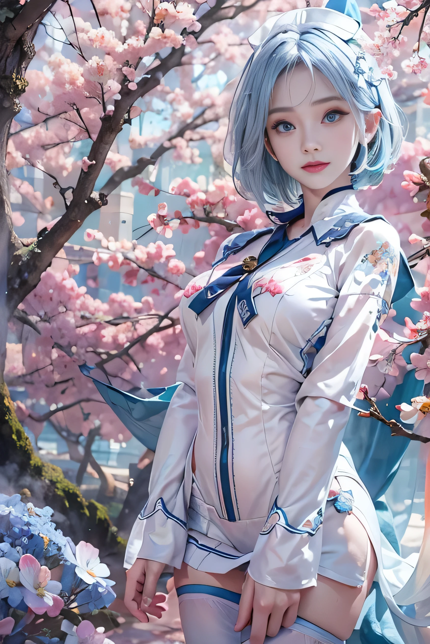 (photorealistic:1.8, highest quality:1.8,8K masterpiece:1.8,High resolution,muste piece:1.8,RAW Photos,cinematic lighting,red and purple dream colors),one young woman、(Sheer nurse clothes、choker、knee high tights、loafer shoes),(beautiful detailed blue eyes:1.7,double eyelid:1.6,Beautiful skin with glowing details:1.2,small face、whole body), (from below:1.5,Looking at Viewer:1.5),( short Hair:1.2、Beautiful shining blue and white hair:1.5), (whole body,Photo seen from below:1.5)、
expression(Impish Smile、face turns red:1.3),(Moderate chest:1.3), Pause(Seductive pose:1.5) background(Cherry tree、Bright forest with blooming flowers),(detailed perfect face),Nipples are visible through the costume、anatomically correct,correct move:1.5,correct foot:1.5,Fingers in the correct proportions,(cameltoe),No split screen,slender abs:1.2,(Young sensual gravure idol)