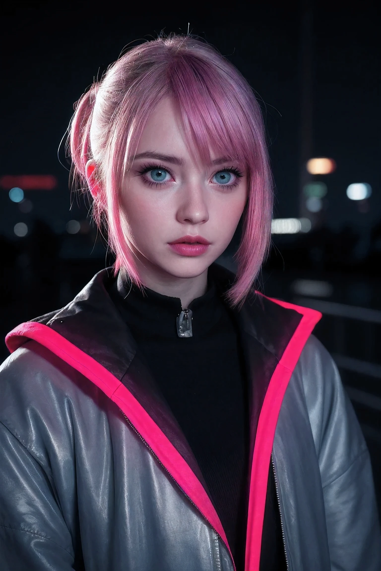 Lucy \(cyberpunk\), 1 girl,  hair tie, Ji Qie, silver hair, Color tips, full moon, gray eyes, jacket, long sleeves, looking at the audience, medium hair, colorful hair, parted bangs, open lips, pink hair, portrait, red eyeliner, red lips, alone, white jacket, cyberpunk \(series\), rainy night in a cyberpunk city with glowing neon lights