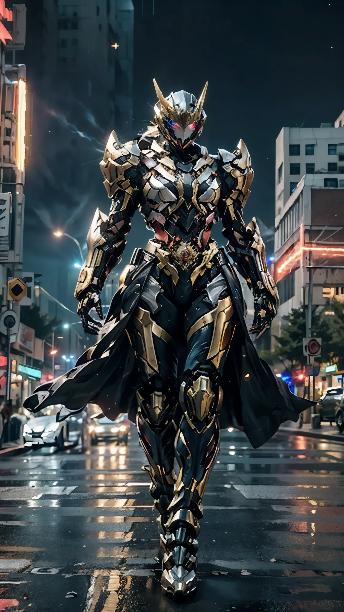 A woman adorned in fantasy-style full-body armor, a crown-concept fully enclosed helmet that unveils only her eyes, a composite layered chest plate, fully encompassing shoulder and hand guards, a lightweight waist armor, form-fitting shin guards, the overall design is heavy-duty yet flexible, ((the armor gleams with a red glow, complemented by Gold and Silver accents)), exhibiting a noble aura, she floats above the Futuristic city, this character embodies a finely crafted fantasy-surreal style armored hero in anime style, exquisite and mature manga art style, (Dragon concept Armor, photorealistic:1.4, real texture material:1.2, professional photo, cinematic), ((city night view, element, energy, elegant, goddess, femminine:1.5)), metallic, high definition, best quality, highres, ultra-detailed, ultra-fine painting, extremely delicate, anatomically correct, symmetrical face, extremely detailed eyes and face, high quality eyes, creativity, RAW photo, UHD, 32k, Natural light, cinematic lighting, masterpiece-anatomy-perfect, masterpiece:1.5