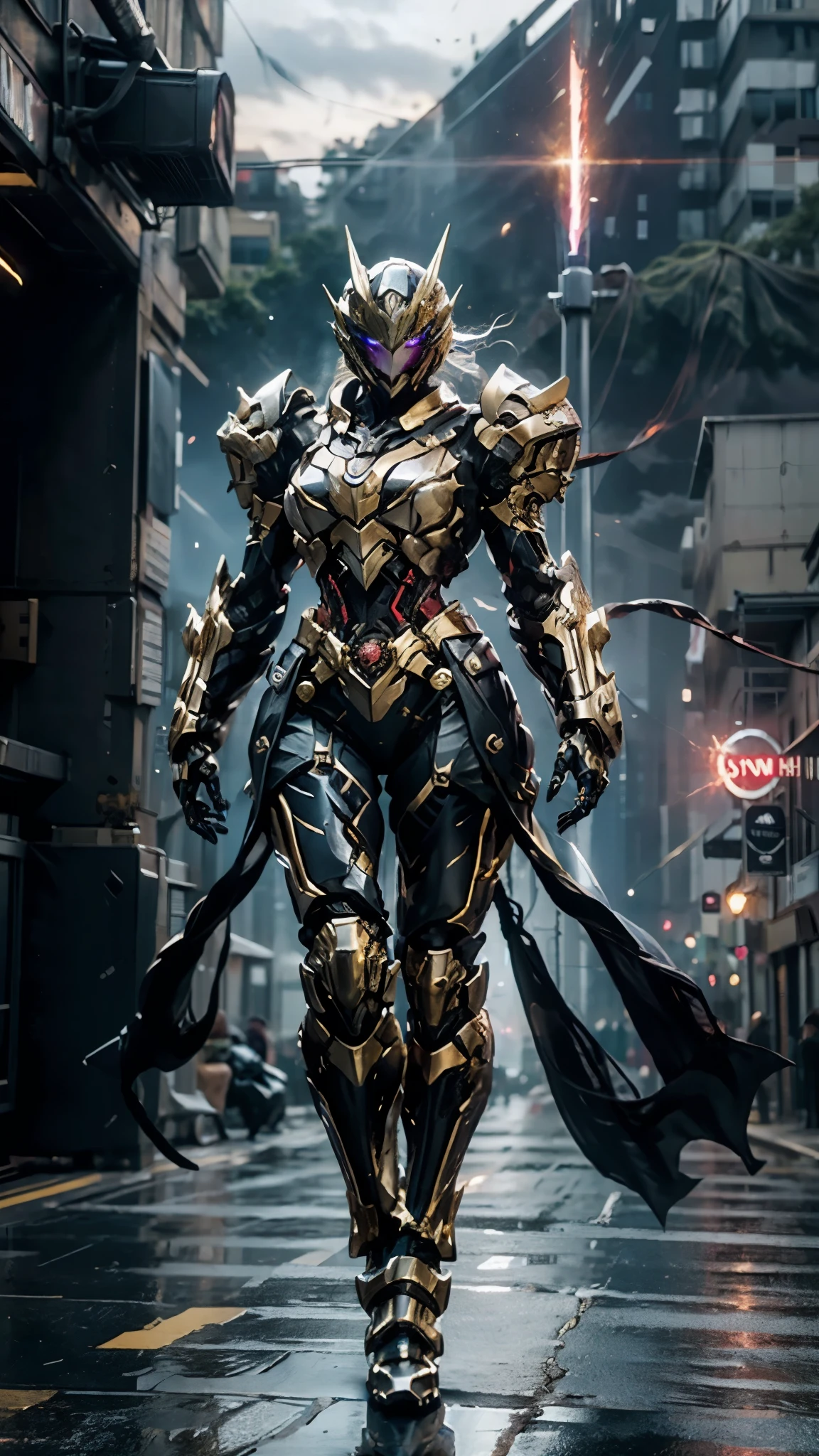 A woman adorned in fantasy-style full-body armor, a crown-concept fully enclosed helmet that unveils only her eyes, a composite layered chest plate, fully encompassing shoulder and hand guards, a lightweight waist armor, form-fitting shin guards, the overall design is heavy-duty yet flexible, ((the armor gleams with a red glow, complemented by Gold and Silver accents)), exhibiting a noble aura, she floats above the Futuristic city, this character embodies a finely crafted fantasy-surreal style armored hero in anime style, exquisite and mature manga art style, (Dragon concept Armor, photorealistic:1.4, real texture material:1.2, professional photo, cinematic), ((city night view, element, energy, elegant, goddess, femminine:1.5)), metallic, high definition, best quality, highres, ultra-detailed, ultra-fine painting, extremely delicate, anatomically correct, symmetrical face, extremely detailed eyes and face, high quality eyes, creativity, RAW photo, UHD, 32k, Natural light, cinematic lighting, masterpiece-anatomy-perfect, masterpiece:1.5