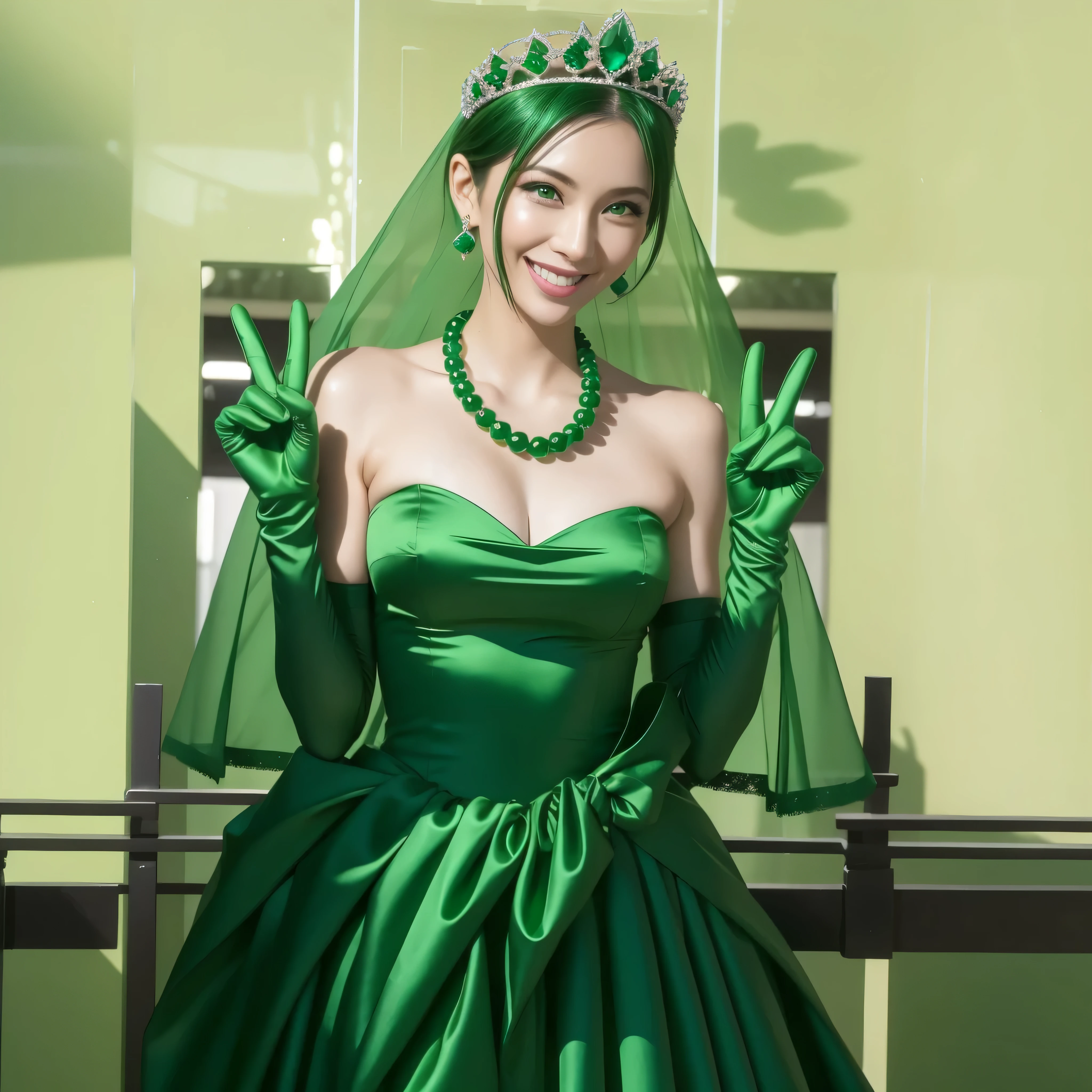 Beautiful Japan woman in her 30s， finger details， beautiful hands，emerald tiara, Green Pearl Necklace, Boyish green berry short hair, lipstick, smiling Japanese woman, very short hair, big breasts beautiful, green eyes, green satin long gloves, green eyes, emerald earrings, Green veil, v sign