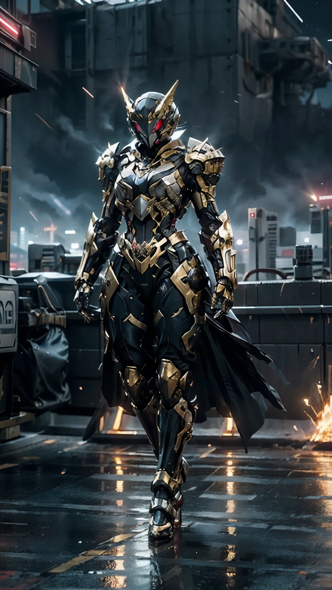 A woman adorned in fantasy-style full-body armor, a crown-concept fully enclosed helmet that unveils only her eyes, a composite layered chest plate, fully encompassing shoulder and hand guards, a lightweight waist armor, form-fitting shin guards, the overall design is heavy-duty yet flexible, ((the armor gleams with a red glow, complemented by Gold and Silver accents)), exhibiting a noble aura, she floats above the Futuristic city, this character embodies a finely crafted fantasy-surreal style armored hero in anime style, exquisite and mature manga art style, (Dragon concept Armor, photorealistic:1.4, real texture material:1.2, professional photo, cinematic), ((city night view, element, energy, elegant, goddess, femminine:1.5)), metallic, high definition, best quality, highres, ultra-detailed, ultra-fine painting, extremely delicate, anatomically correct, symmetrical face, extremely detailed eyes and face, high quality eyes, creativity, RAW photo, UHD, 32k, Natural light, cinematic lighting, masterpiece-anatomy-perfect, masterpiece:1.5