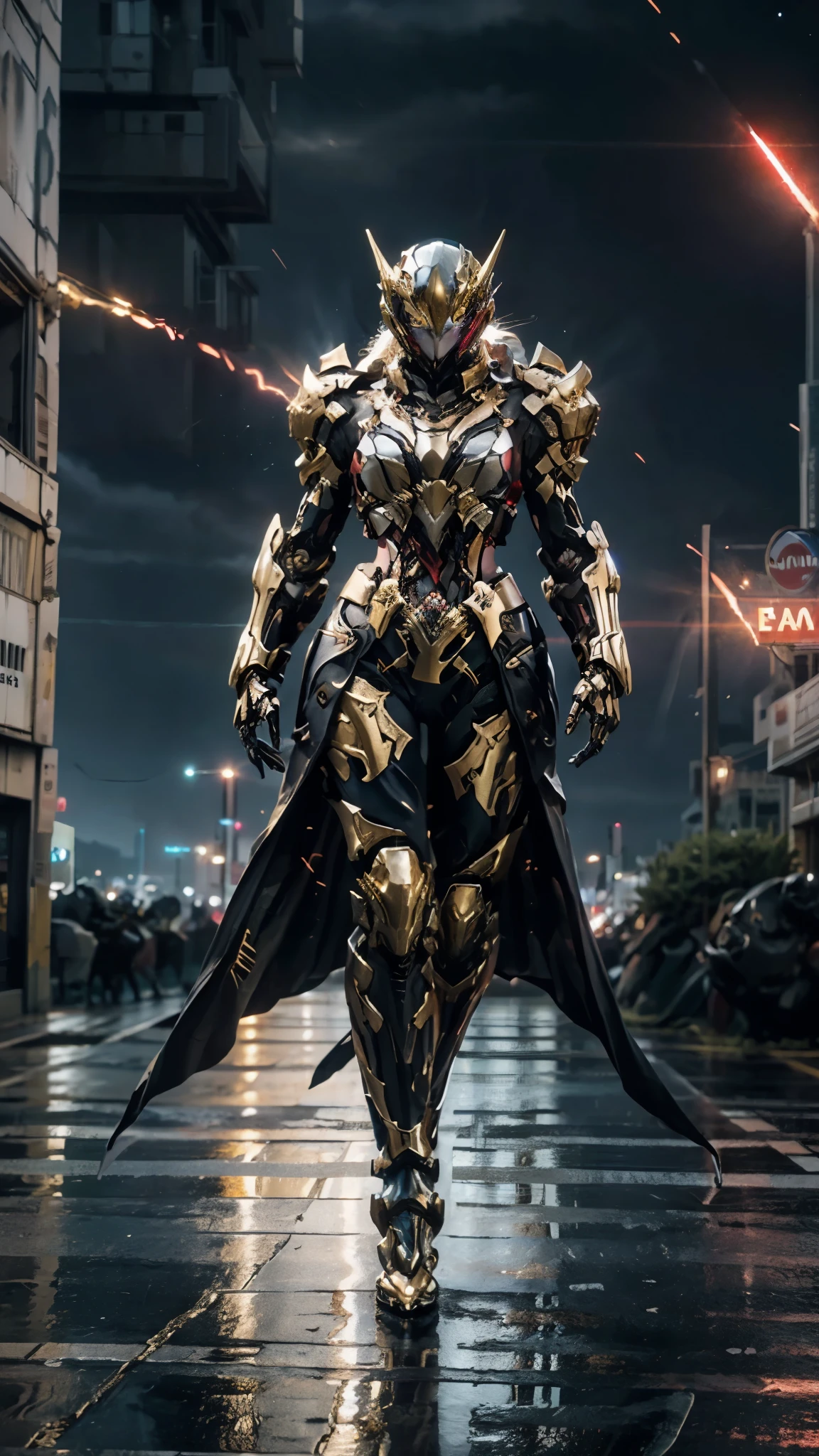 A woman adorned in fantasy-style full-body armor, a crown-concept fully enclosed helmet that unveils only her eyes, a composite layered chest plate, fully encompassing shoulder and hand guards, a lightweight waist armor, form-fitting shin guards, the overall design is heavy-duty yet flexible, ((the armor gleams with a red glow, complemented by Gold and Silver accents)), exhibiting a noble aura, she floats above the Futuristic city, this character embodies a finely crafted fantasy-surreal style armored hero in anime style, exquisite and mature manga art style, (Dragon concept Armor, photorealistic:1.4, real texture material:1.2, professional photo, cinematic), ((city night view, element, energy, elegant, goddess, femminine:1.5)), metallic, high definition, best quality, highres, ultra-detailed, ultra-fine painting, extremely delicate, anatomically correct, symmetrical face, extremely detailed eyes and face, high quality eyes, creativity, RAW photo, UHD, 32k, Natural light, cinematic lighting, masterpiece-anatomy-perfect, masterpiece:1.5