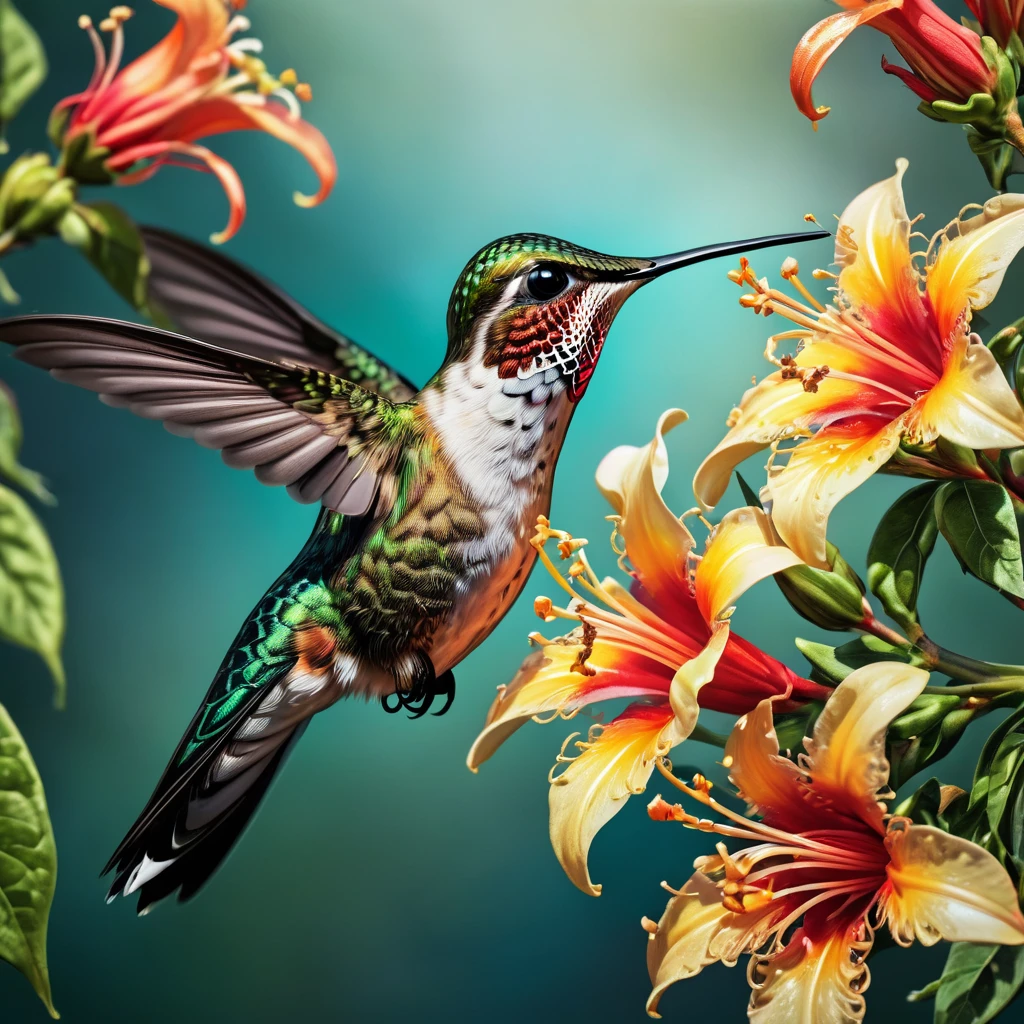 Hummingbird, aesthetic, extremely detailed, Hummingbird drinking from a honeysuckle flower intricate details, HDR, beautifully shot, hyperrealistic, sharp focus, megapixels, perfect composition, high contrast, cinematic, atmospheric, moody