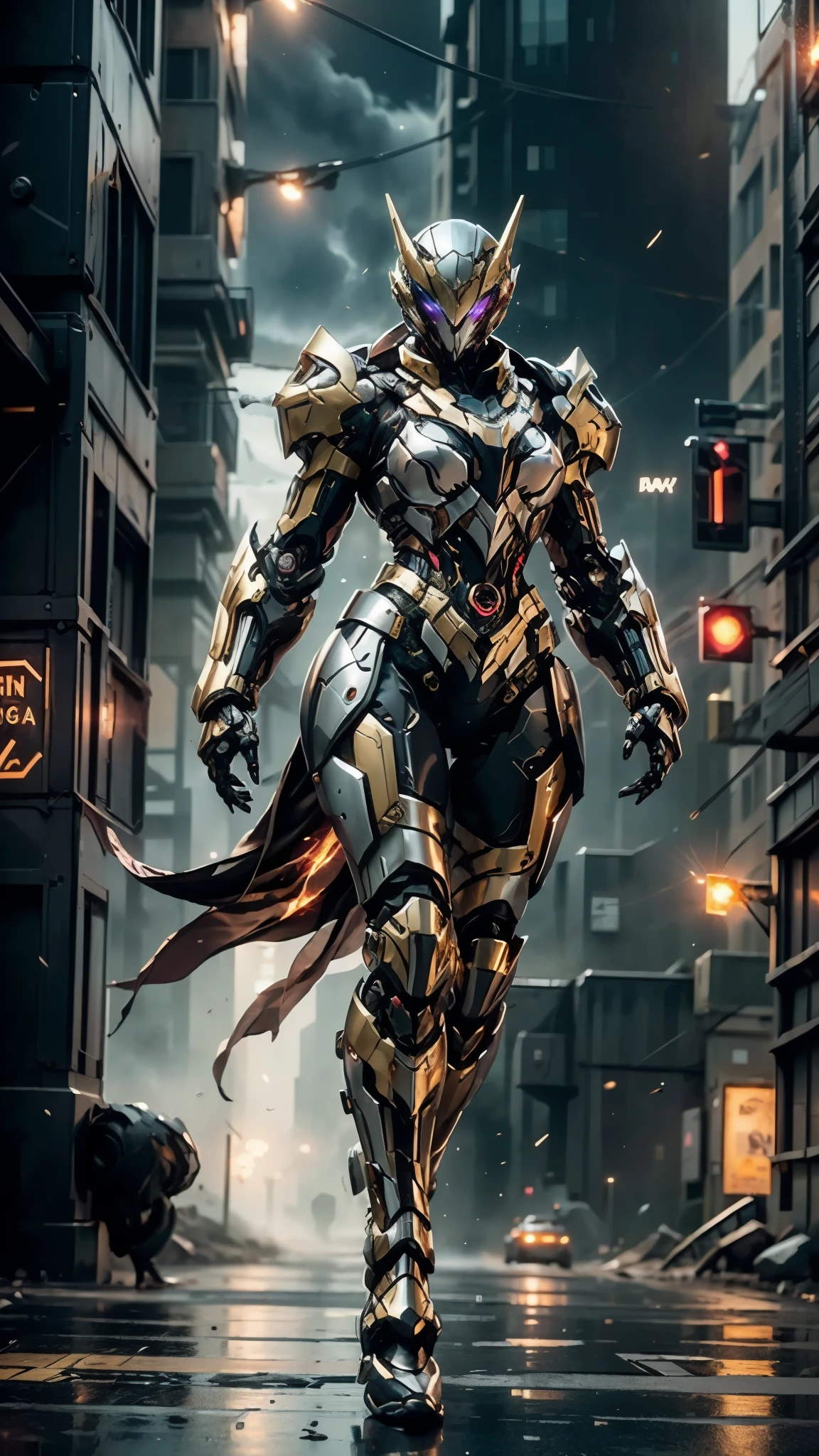 A woman adorned in fantasy-style full-body armor, a crown-concept fully enclosed helmet that unveils only her eyes, a composite layered chest plate, fully encompassing shoulder and hand guards, a lightweight waist armor, form-fitting shin guards, the overall design is heavy-duty yet flexible, ((the armor gleams with a red glow, complemented by Gold and Silver accents)), exhibiting a noble aura, she floats above the Futuristic city, this character embodies a finely crafted fantasy-surreal style armored hero in anime style, exquisite and mature manga art style, (Dragon concept Armor, photorealistic:1.4, real texture material:1.2, professional photo, cinematic), ((city night view, element, energy, elegant, goddess, femminine:1.5)), metallic, high definition, best quality, highres, ultra-detailed, ultra-fine painting, extremely delicate, anatomically correct, symmetrical face, extremely detailed eyes and face, high quality eyes, creativity, RAW photo, UHD, 32k, Natural light, cinematic lighting, masterpiece-anatomy-perfect, masterpiece:1.5