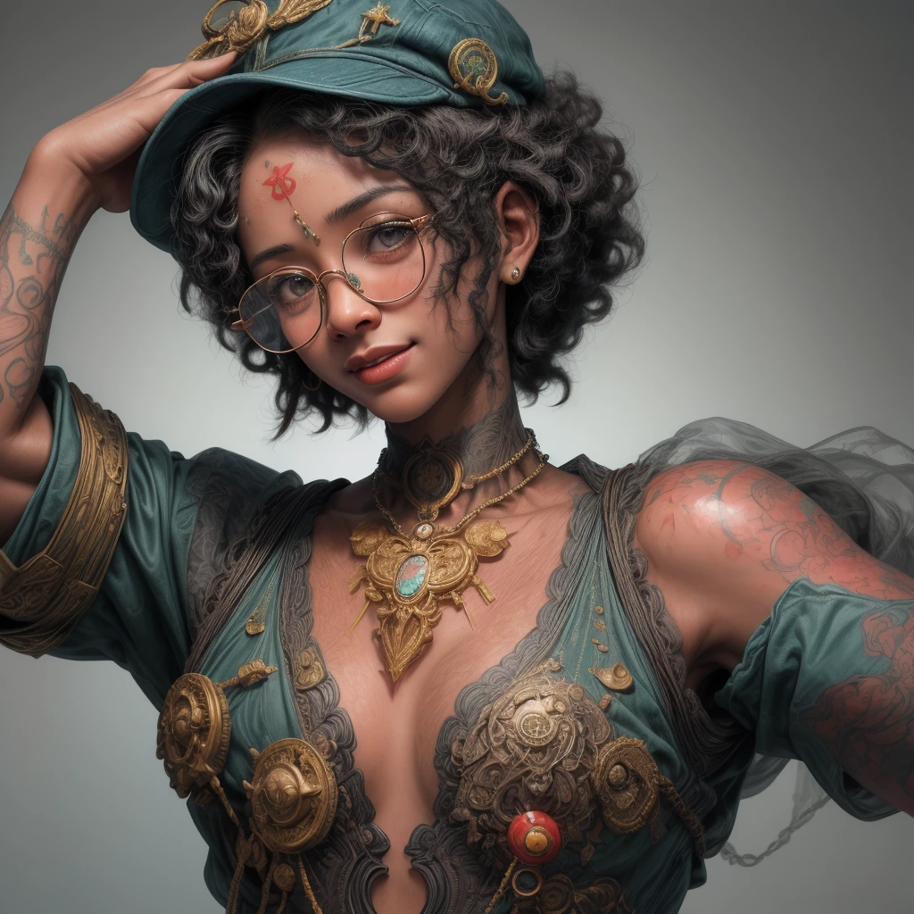 Retrato de uma jovem afro-americana de 18 anos sorrindo, cabelo curto cacheado, tatuagens , olhos grandes azuis,boca carnuda com batom vermelho, with the medallion on the neck,brinco, penetrante , seios grandes, sweaty skin with imperfections,Tatuada no rosto, ((wearing glasses)),( wearing a cap on his head)detalhes intricados ( 8k super realista)