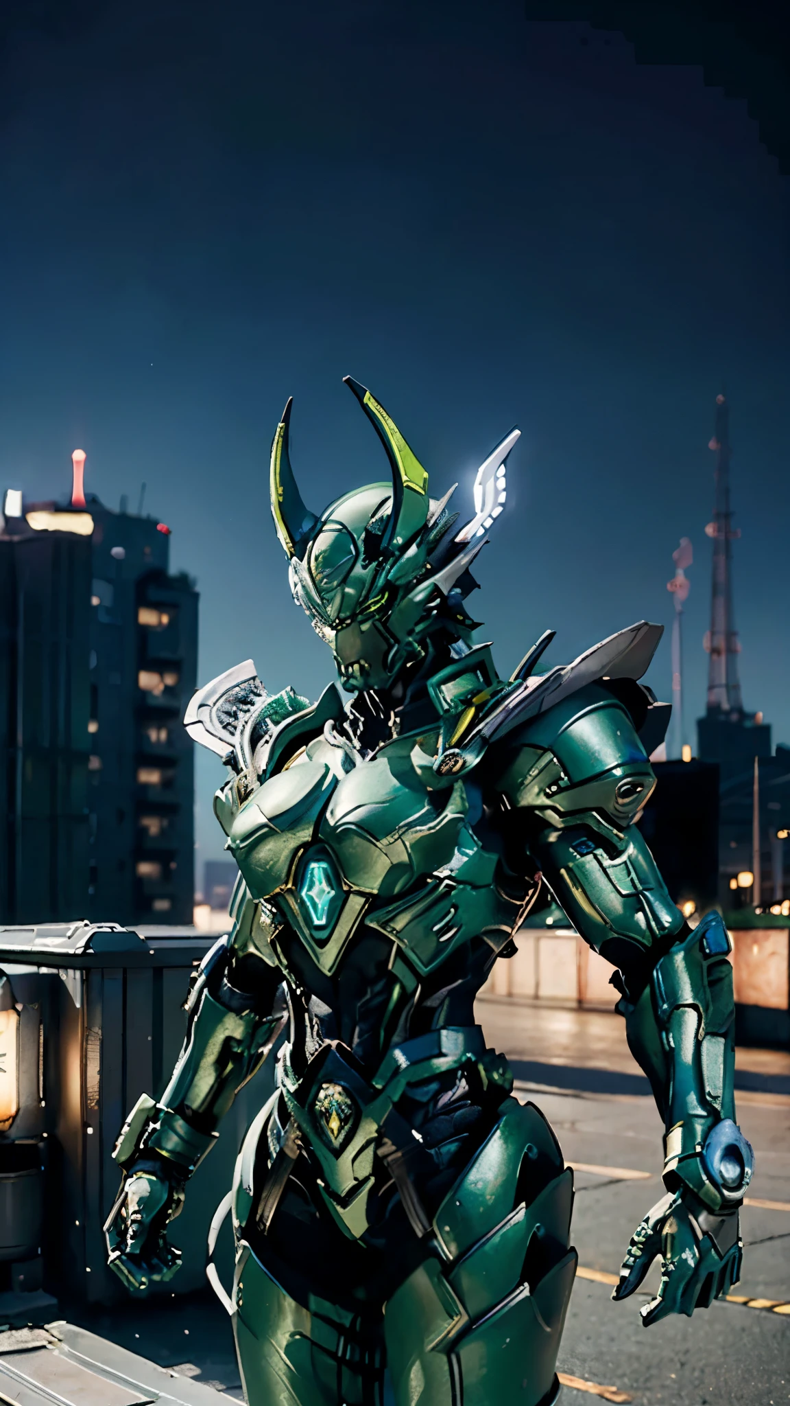 A woman adorned in fantasy-style full-body armor, a crown-concept fully enclosed helmet that unveils only her eyes, a composite layered chest plate, fully encompassing shoulder and hand guards, a lightweight waist armor, form-fitting shin guards, the overall design is heavy-duty yet flexible, ((the armor gleams with a blue glow, complemented by black and green accents)), exhibiting a noble aura, she floats above the Futuristic city, this character embodies a finely crafted fantasy-surreal style armored hero in anime style, exquisite and mature manga art style, (Bat concept Armor, photorealistic:1.4, real texture material:1.2, professional photo, cinematic), ((city night view, element, energy, elegant, goddess, femminine:1.5)), metallic, high definition, best quality, highres, ultra-detailed, ultra-fine painting, extremely delicate, anatomically correct, symmetrical face, extremely detailed eyes and face, high quality eyes, creativity, RAW photo, UHD, 32k, Natural light, cinematic lighting, masterpiece-anatomy-perfect, masterpiece:1.5