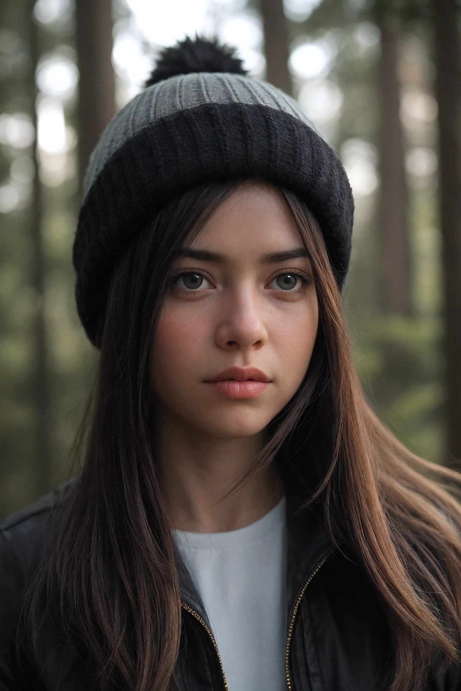 photo of a woman, (sympathetic facial expression), textured skin, goosebumps, Black half-up, half-down hair, Faux fur lined parka paired with skinny jeans and beanie, group profile, Towering ancient redwood trees create a sense of wonder and awe, perfect eyes, ((hard lighting:1.4)), Vivia 100 colors, Shot with Cinestill 800T, Bokeh, focus on topic, Photo by Manuela Marquez