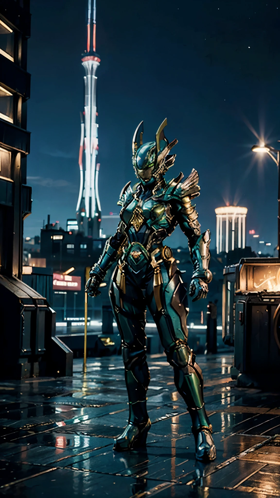 A woman adorned in fantasy-style full-body armor, a crown-concept fully enclosed helmet that unveils only her eyes, a composite layered chest plate, fully encompassing shoulder and hand guards, a lightweight waist armor, form-fitting shin guards, the overall design is heavy-duty yet flexible, ((the armor gleams with a blue glow, complemented by black and green accents)), exhibiting a noble aura, she floats above the Futuristic city, this character embodies a finely crafted fantasy-surreal style armored hero in anime style, exquisite and mature manga art style, (Bat concept Armor, photorealistic:1.4, real texture material:1.2, professional photo, cinematic), ((city night view, element, energy, elegant, goddess, femminine:1.5)), metallic, high definition, best quality, highres, ultra-detailed, ultra-fine painting, extremely delicate, anatomically correct, symmetrical face, extremely detailed eyes and face, high quality eyes, creativity, RAW photo, UHD, 32k, Natural light, cinematic lighting, masterpiece-anatomy-perfect, masterpiece:1.5