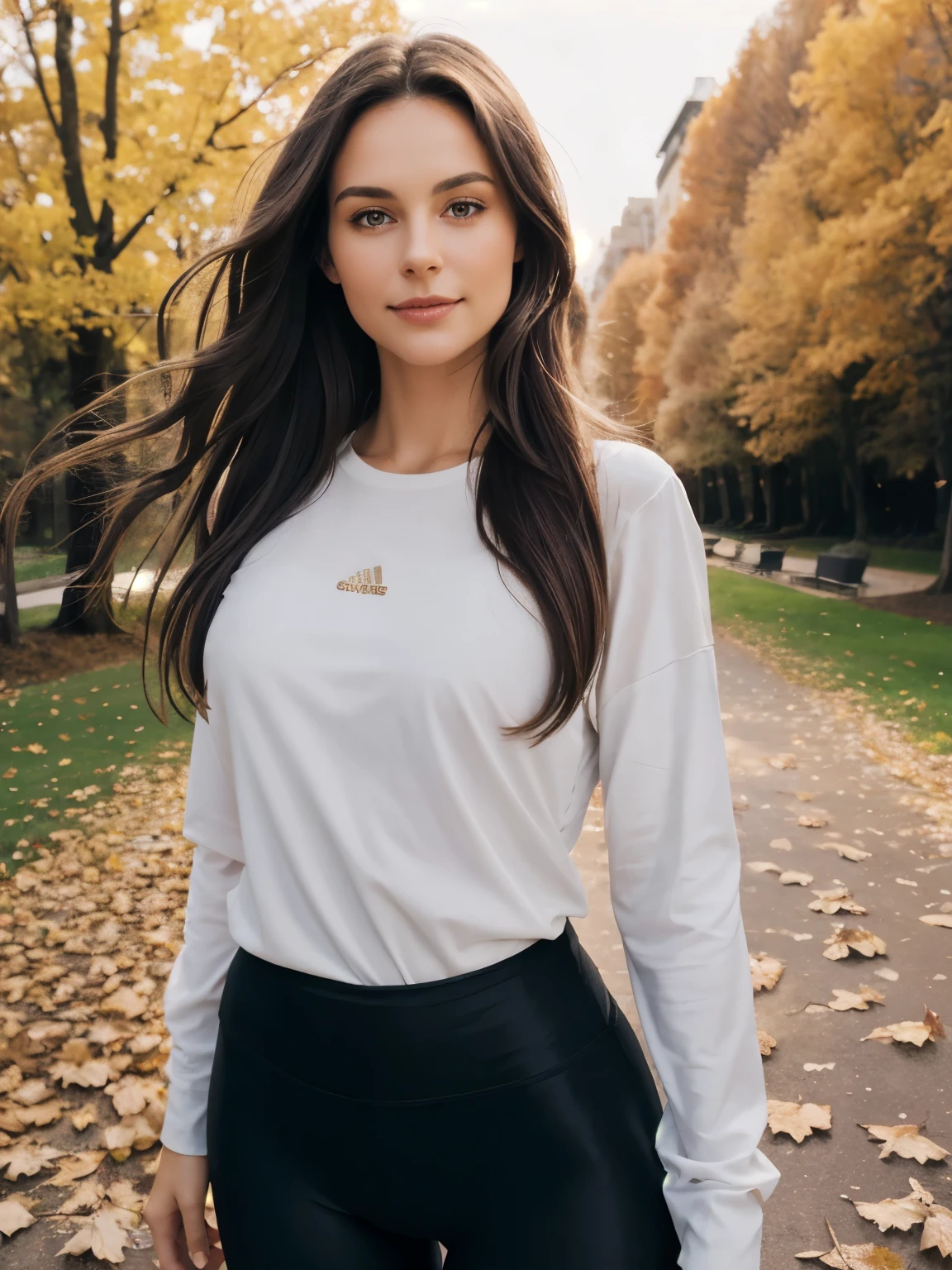 A 31 year old European woman (looking at viewer, slight smile), brown hair, black eyes, long hair, hair flying, light brunette, yoga pants and long sleeve shirt, sexy, charming, stunning, enhanced, delicate, sunlight, autumn. , wind, tree, fallen leaves, outdoor, best quality, high quality, high resolution, 8k, photo realistic, raw photo, canyon, nikon,