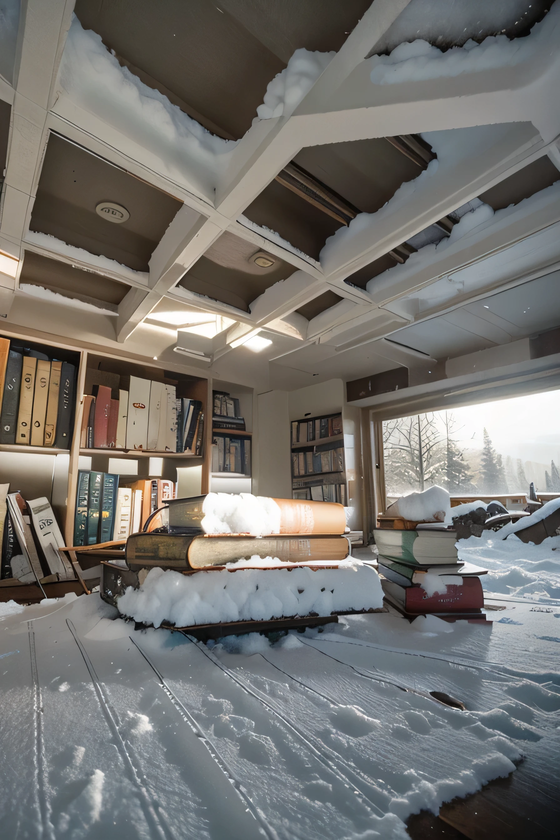 A best quality library shelve on snow storm field with some books fallen on the snow on water color and with dramatic light and analog film