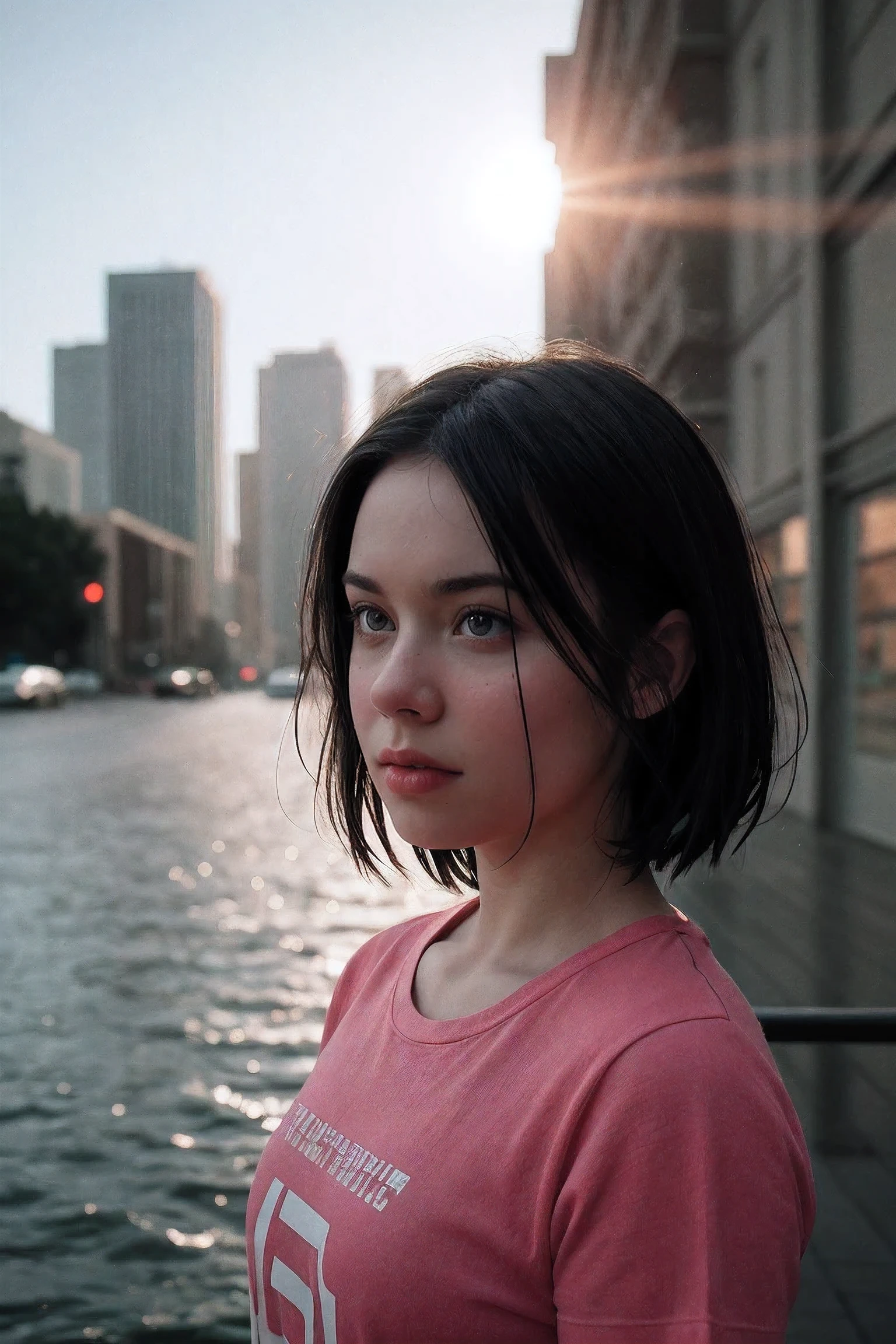 Movie stills 1girl wet T-shirt with water drops, splash detail, Surreal dramatic light and shadow (commend, simulation), Brandon Woelfel Kodak Film by Ryan McGinley, vignette, High budget, Bokeh, Cinemascope, moody, epic, Gorgeous, film grain, grainy