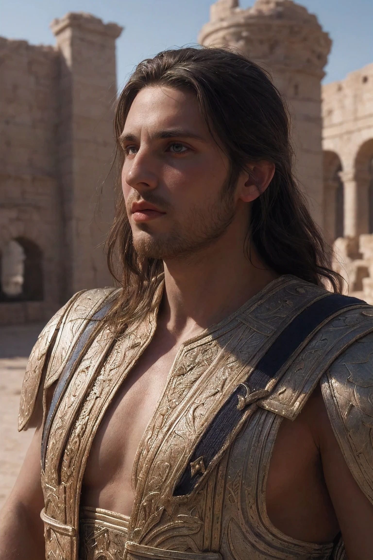 Portrait of resting roman male gladiator, (Paintings by Gaston Busier, Greg Rutkoski, Ilya Repin, Joseph von Brandt, oil painting on canvas, Popular topics on Artstation, Recommended on pixiv, film composition, Extreme details, metahuman creator, epic background), mediterranean landscape, close-up, Detailed face, Exquisite clothing details
